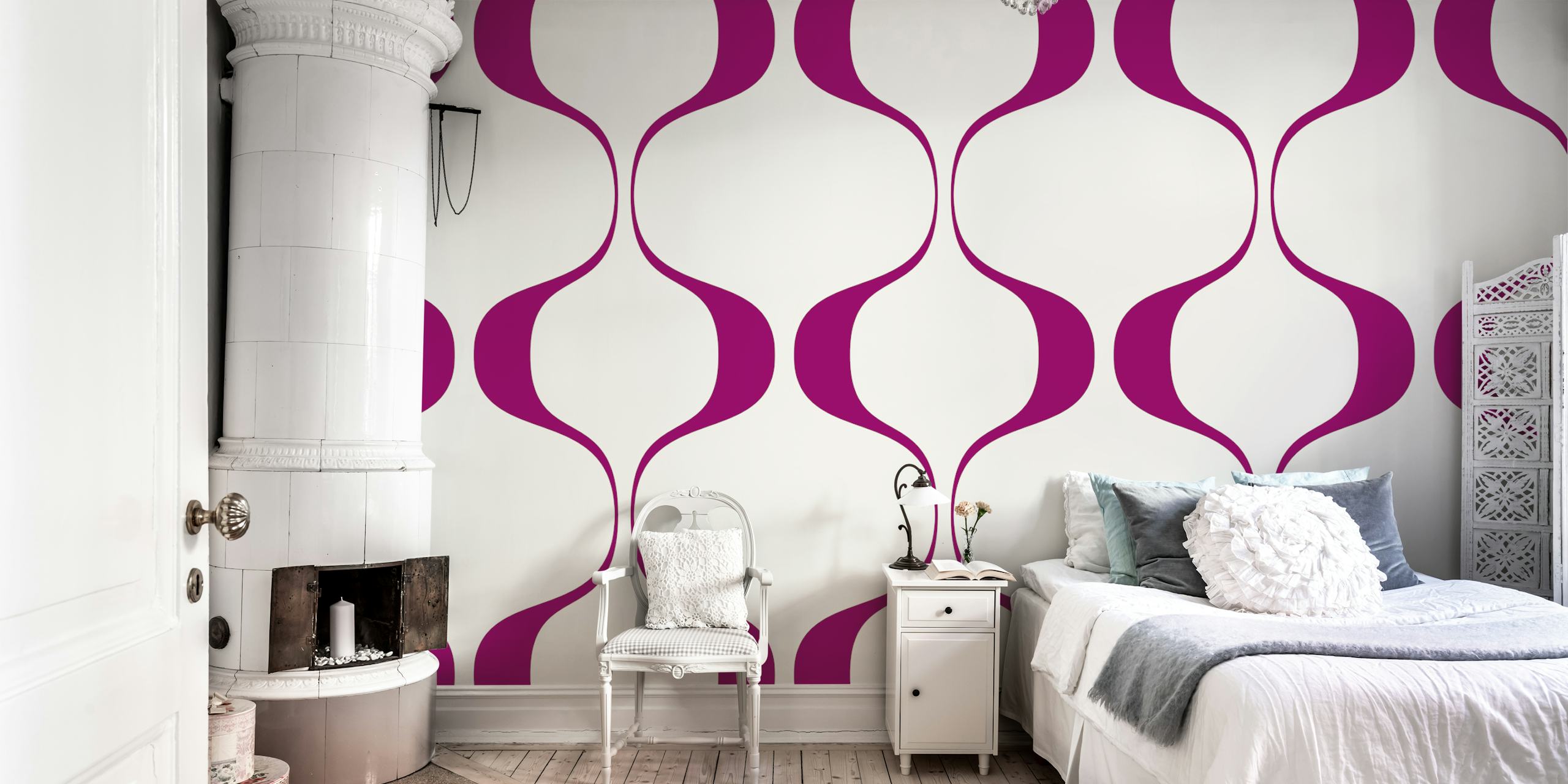 Papel periódico Retro Magenta Geo Abstract Waves en una habitación