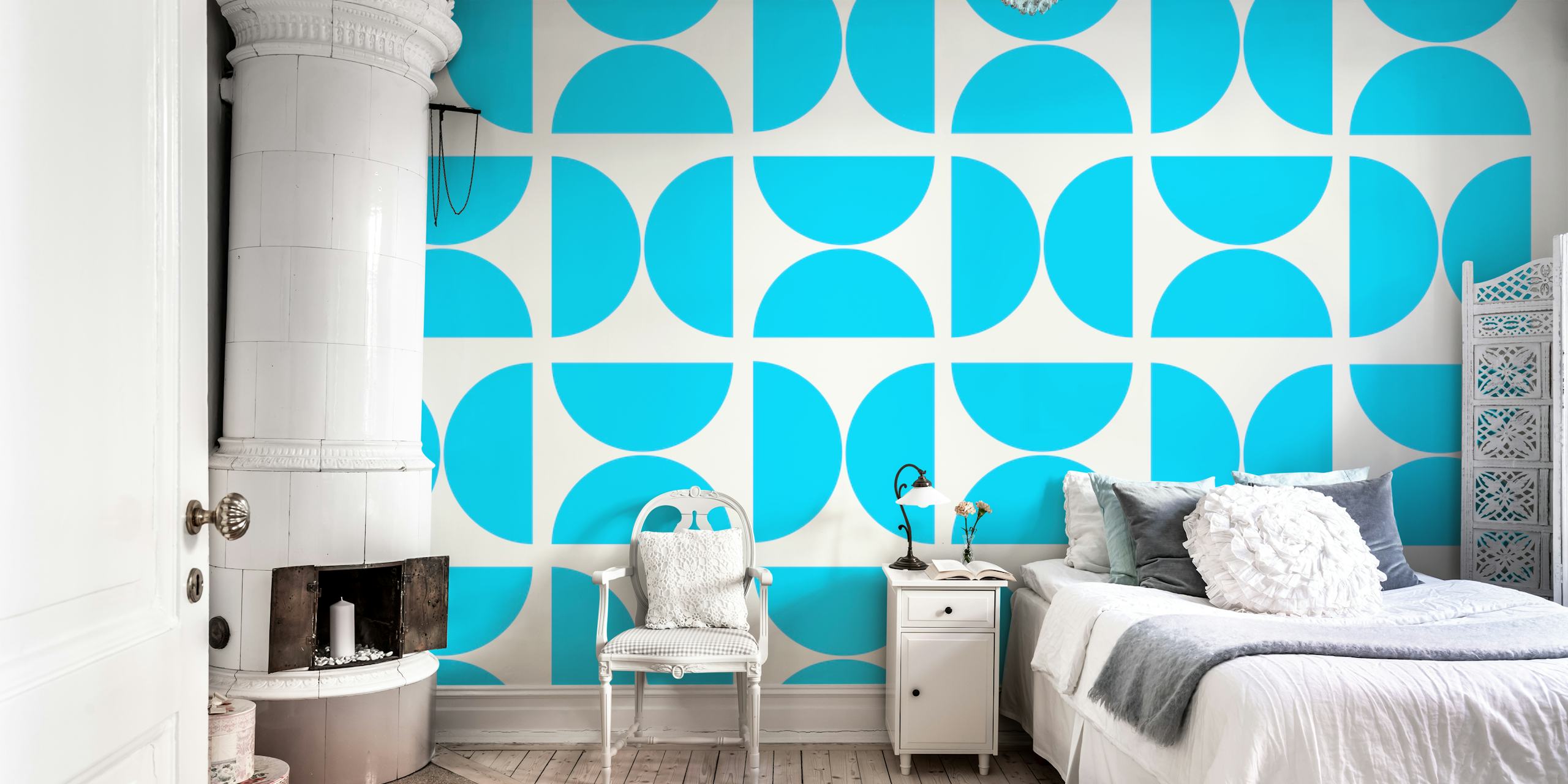 Geometric turquoise pattern on a white background wallpaper