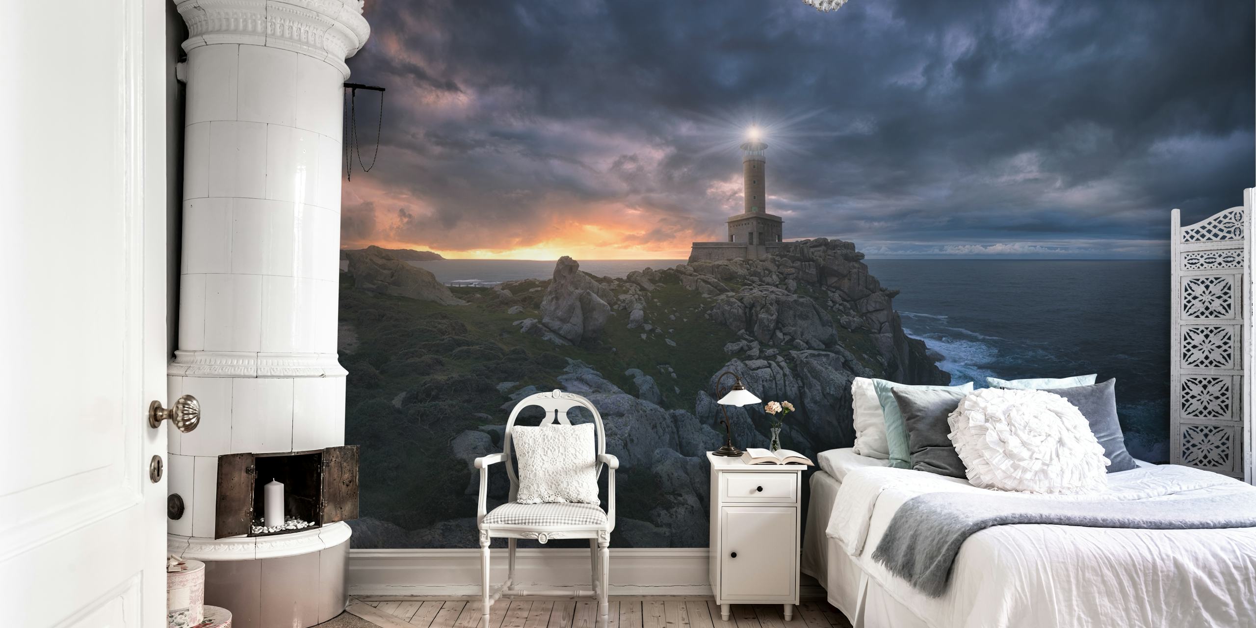 Lighthouse on a cliff wall mural with ocean and twilight sky