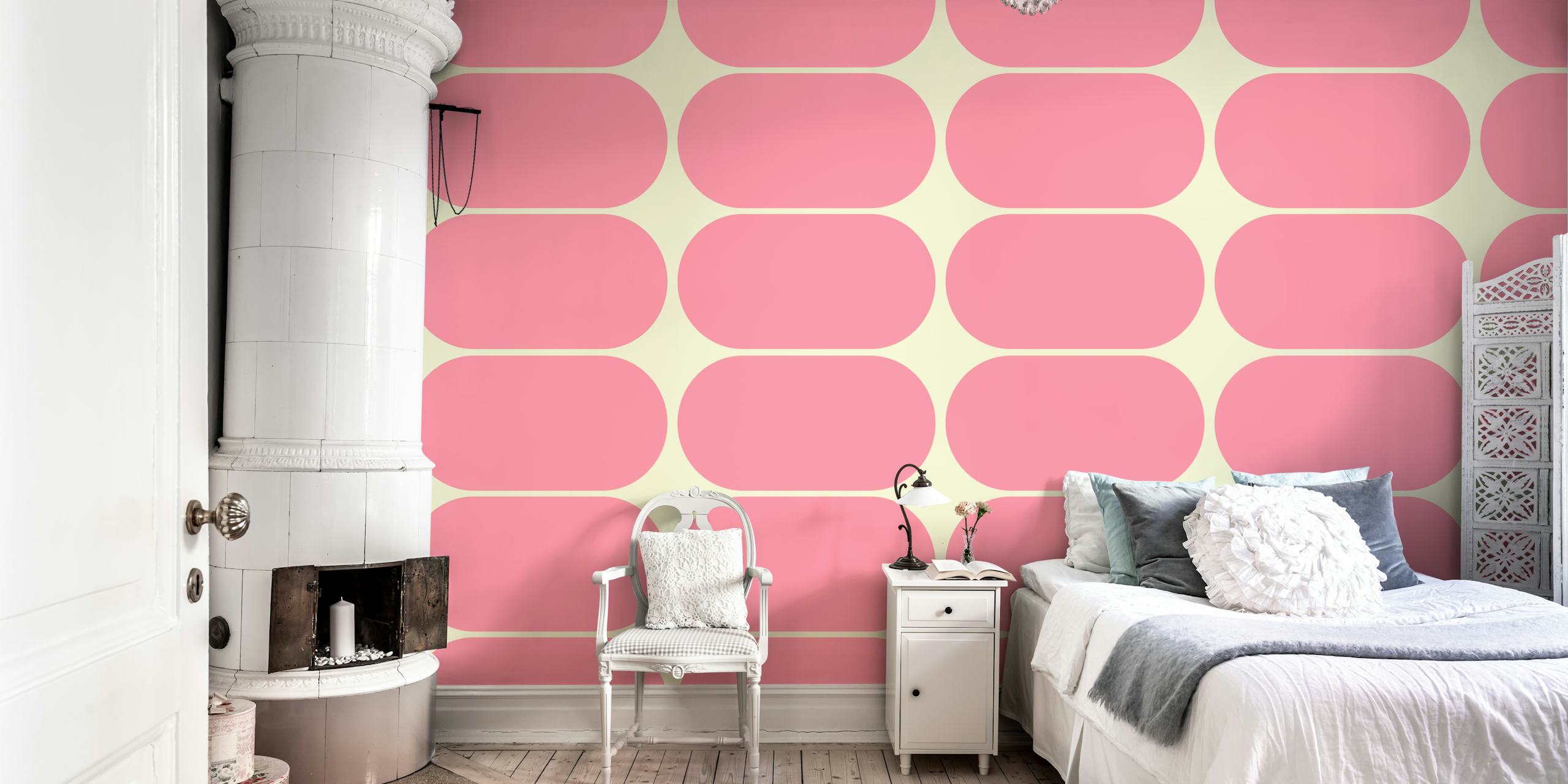 Geometric pebble shapes in pink and cream wallpaper