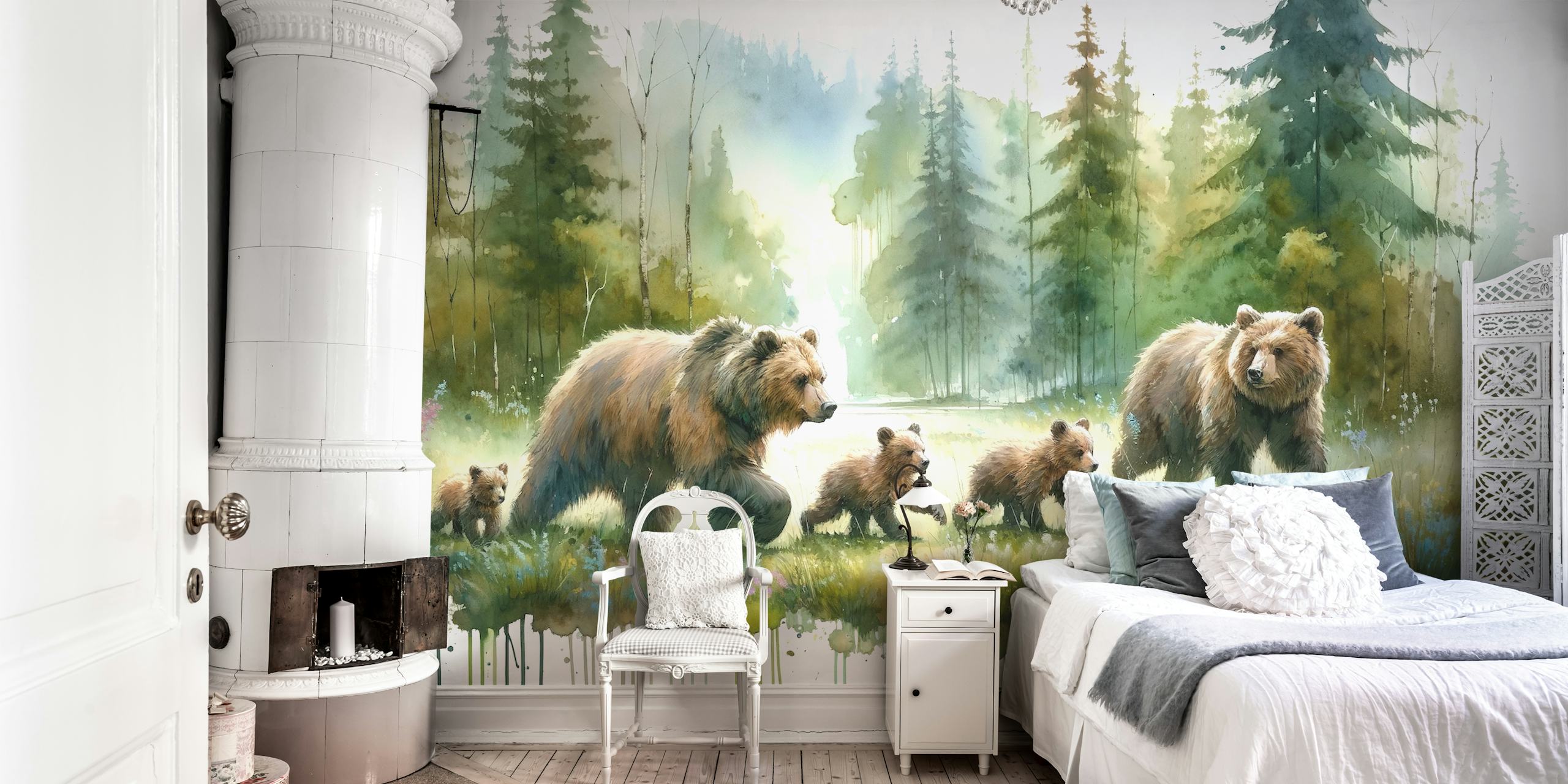 Aquarell-Wandbild einer Bärenfamilie, die durch einen Wald spaziert