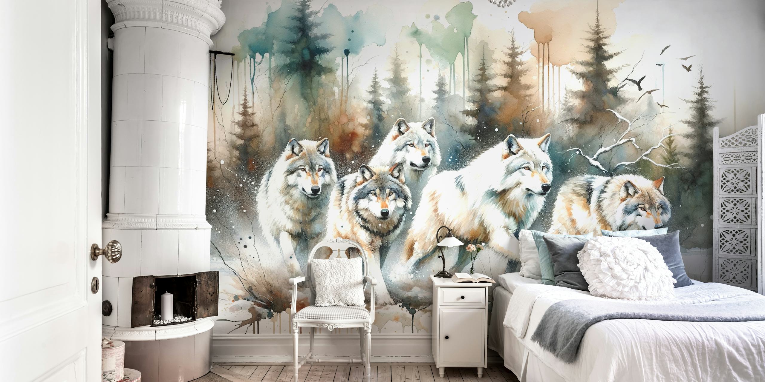 Five watercolor wolves walking through a forest; animal wallpaper