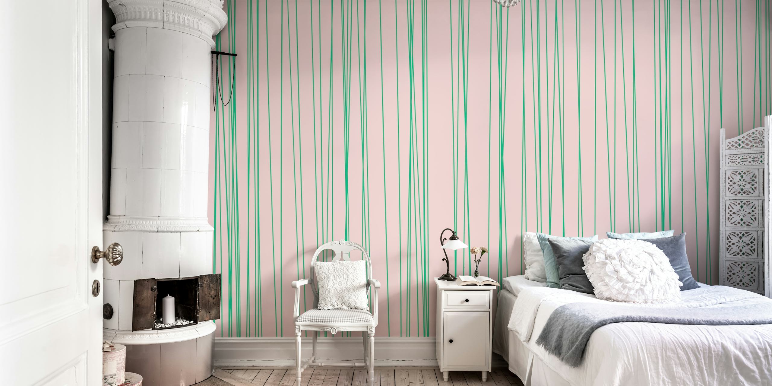 Hand-drawn minimal line art with rose pink and green stripes on a wall mural