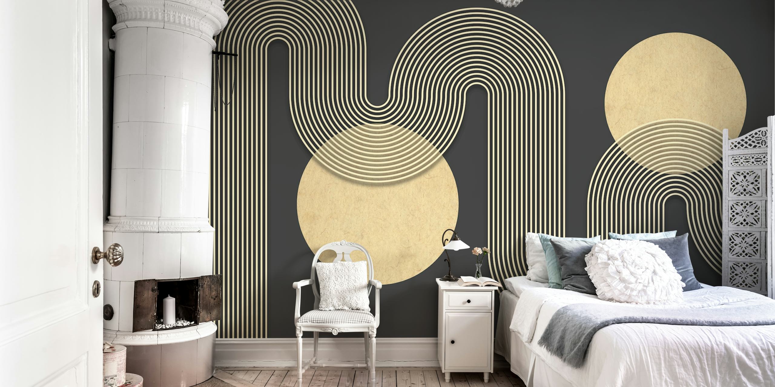Black and beige modern geometric line art wallpaper