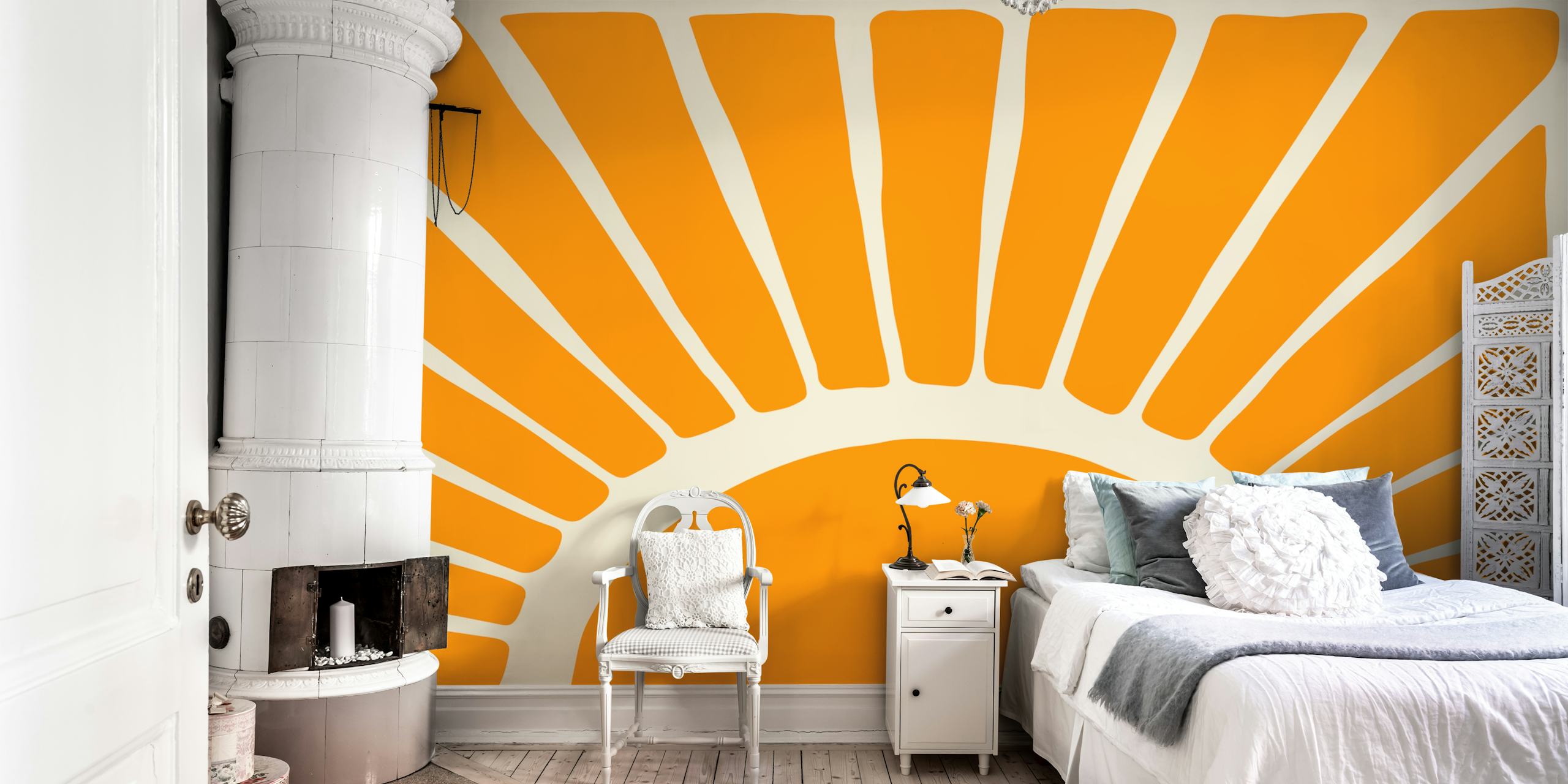 Kräftiges, orange- und cremefarbenes, modernes Wandbild mit abstrakten Ausschnitten, das Wärme und Kreativität darstellt.
