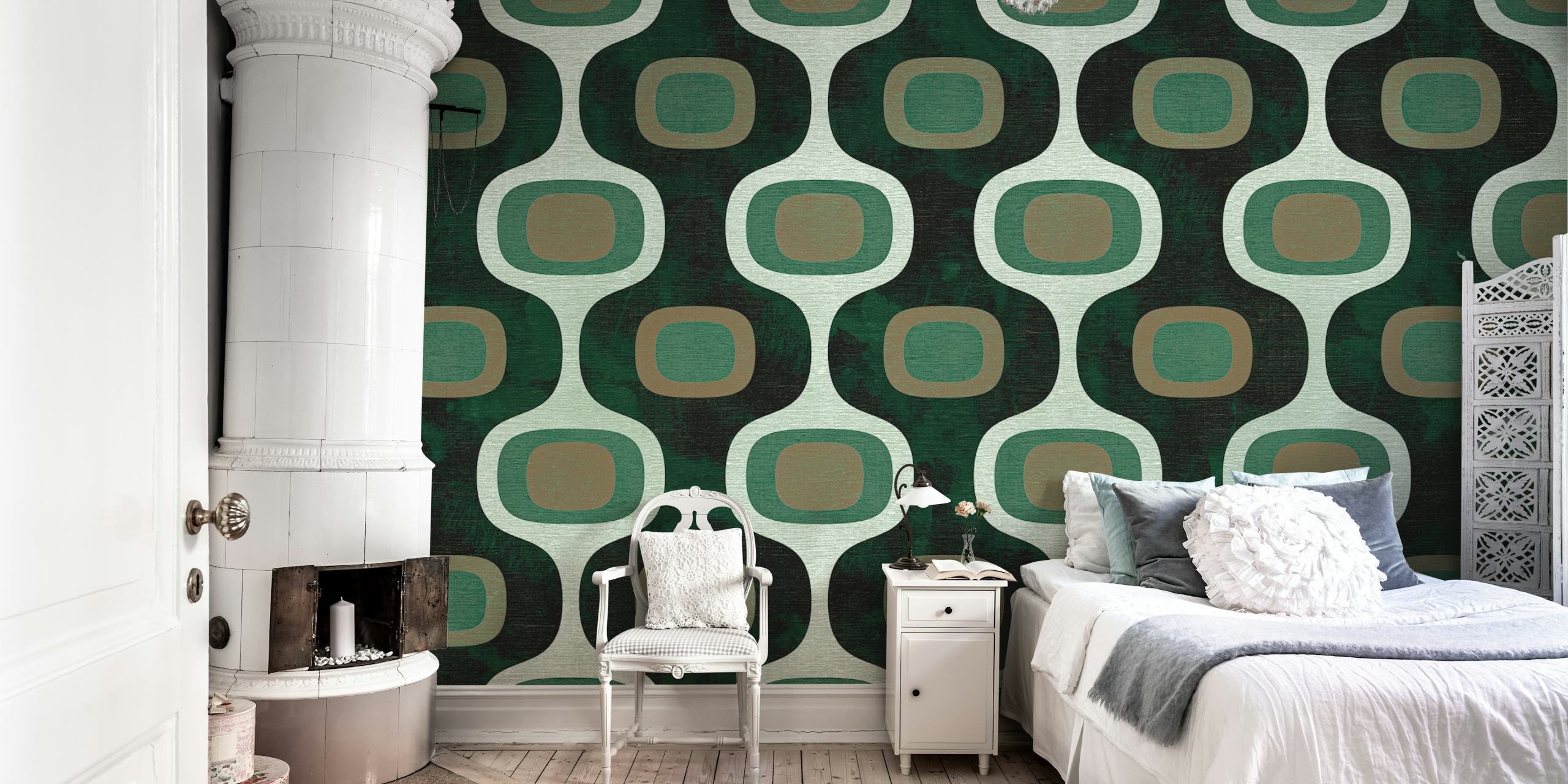 Geometric green and brown pattern wallpaper, mid-century style