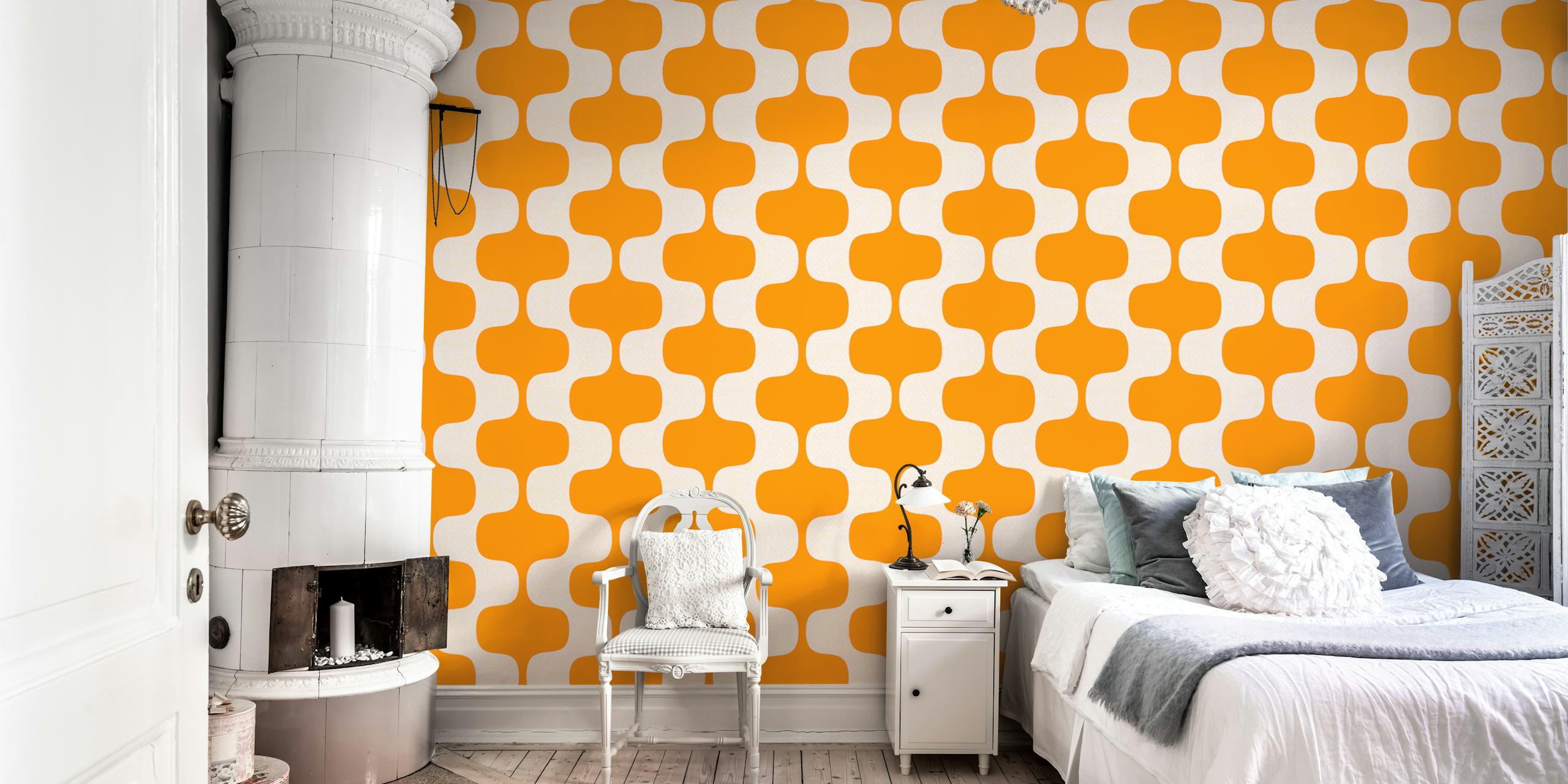 Bold Luxury Wave Stripes Orange wallpaper in a room