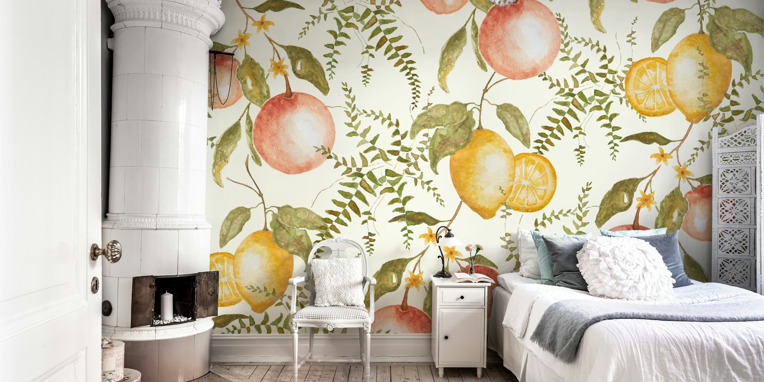 Citrus fruits in watercolor style with green leaves wallpaper