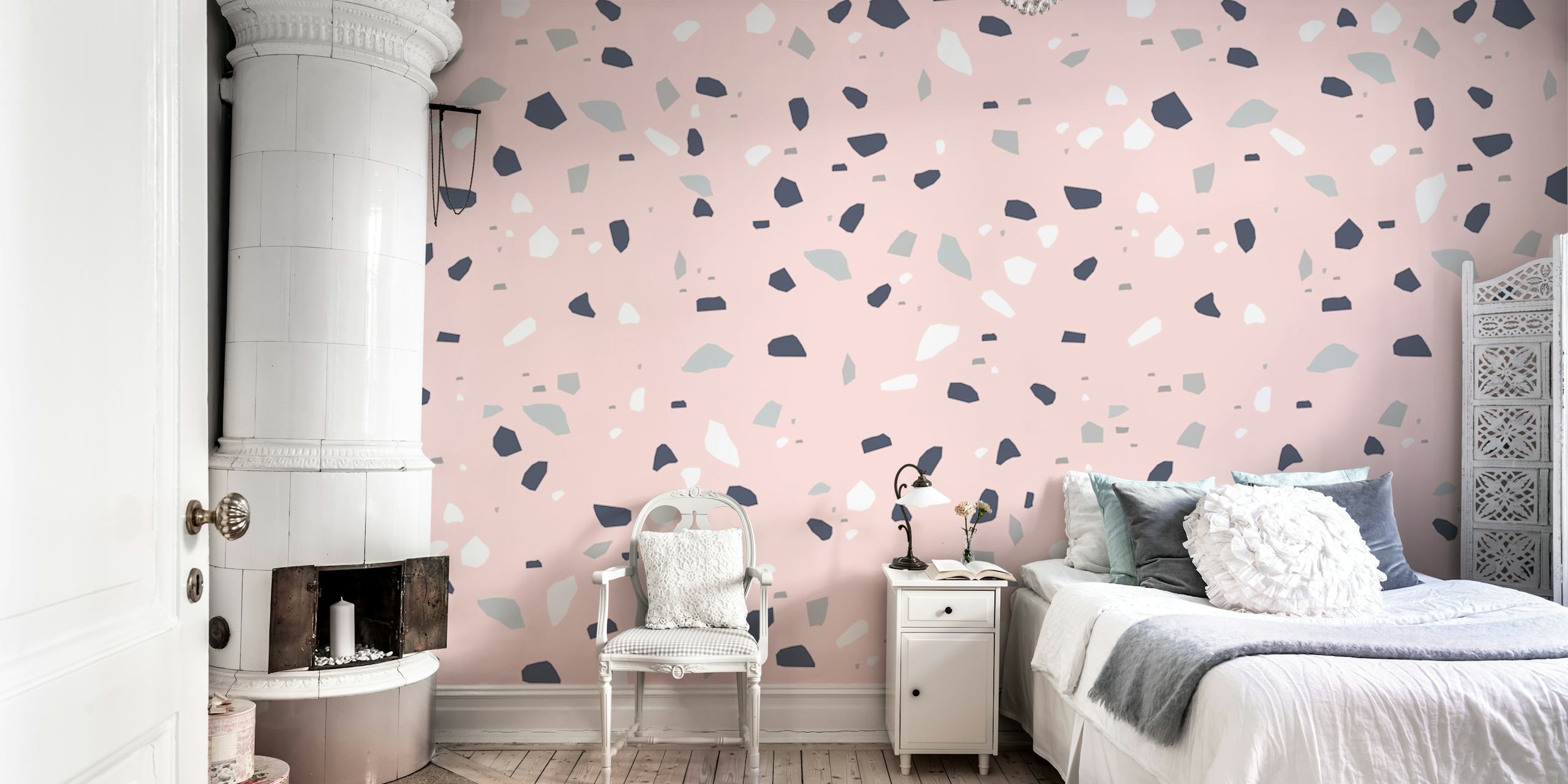 Blush Midnight Navy Terrazzo wallpaper design in a room