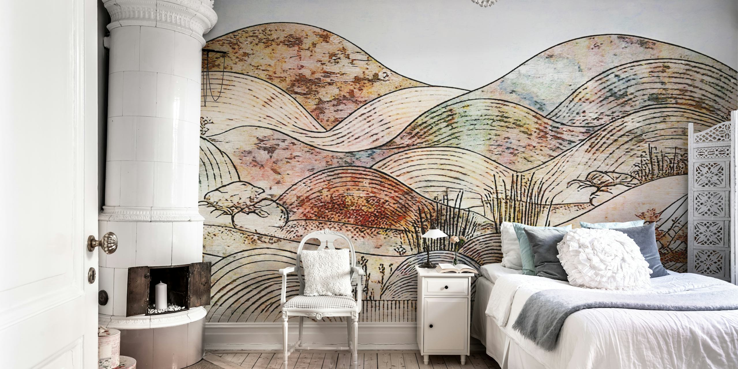 Antique Japandi Sunrise Mountains carta da parati in una stanza