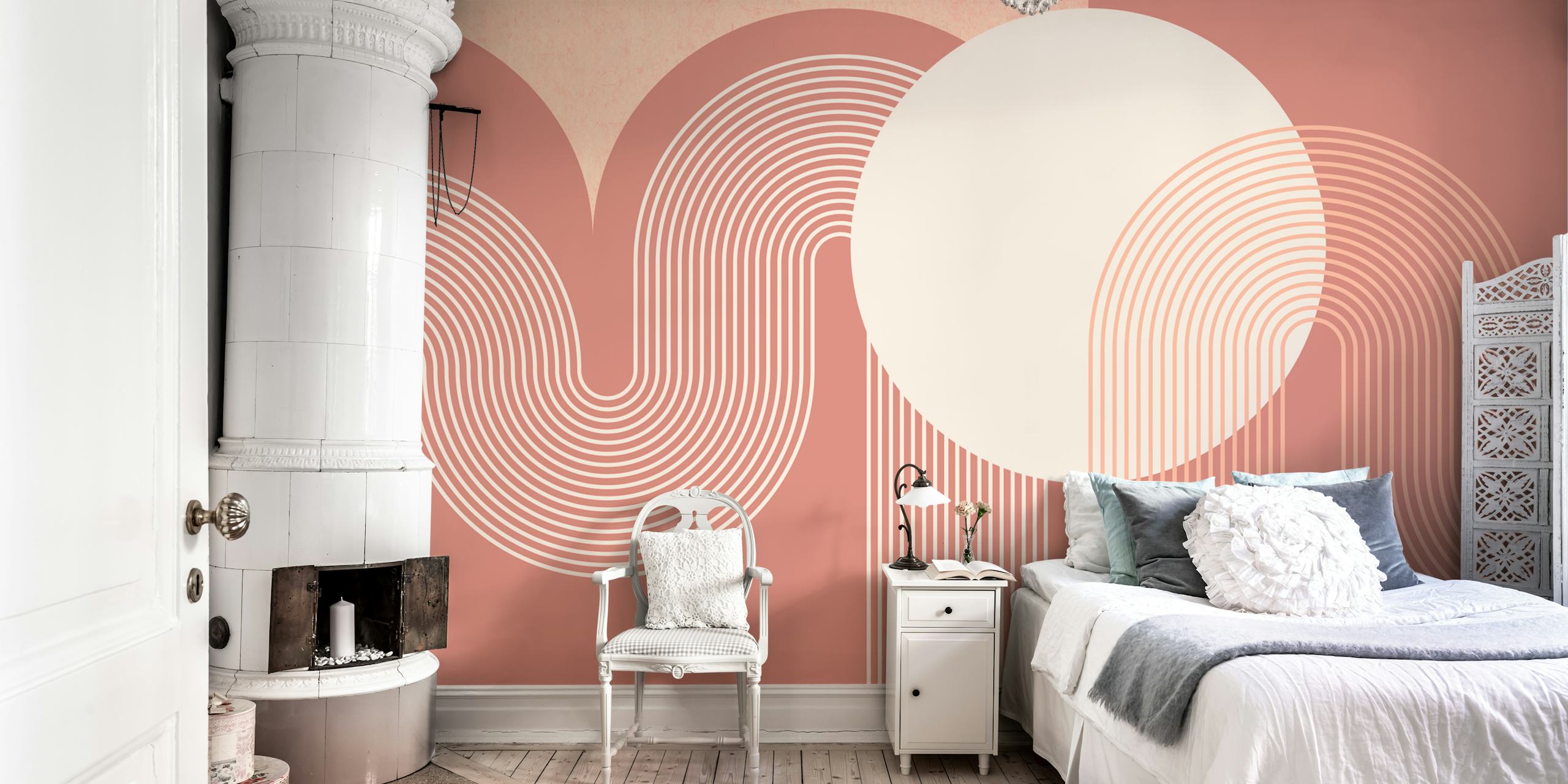 Boho rainbow arch line art with curved lines and circles in warm colors wallpaper
