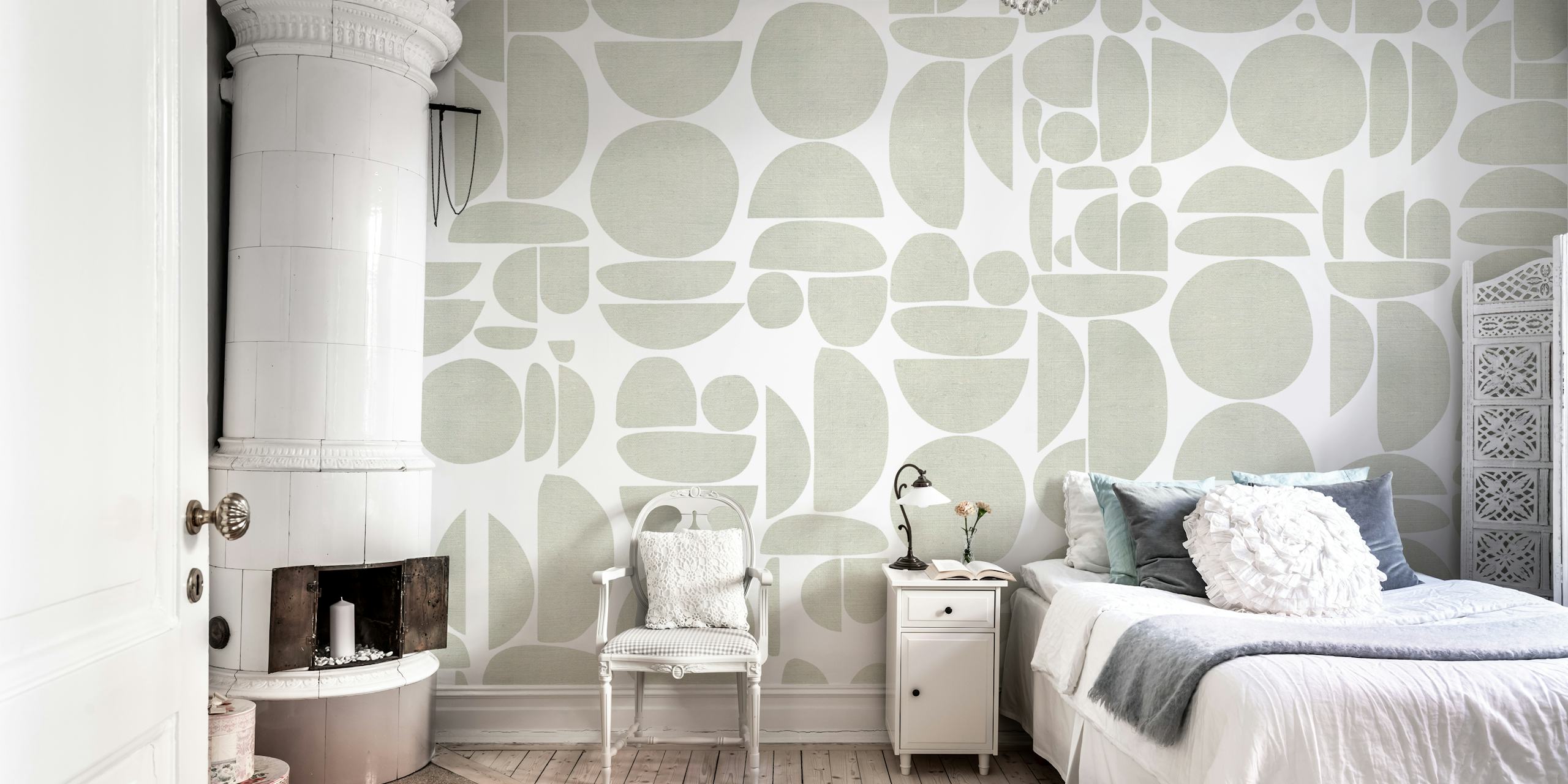 Geometric shapes in soft sage on a white background wallpaper