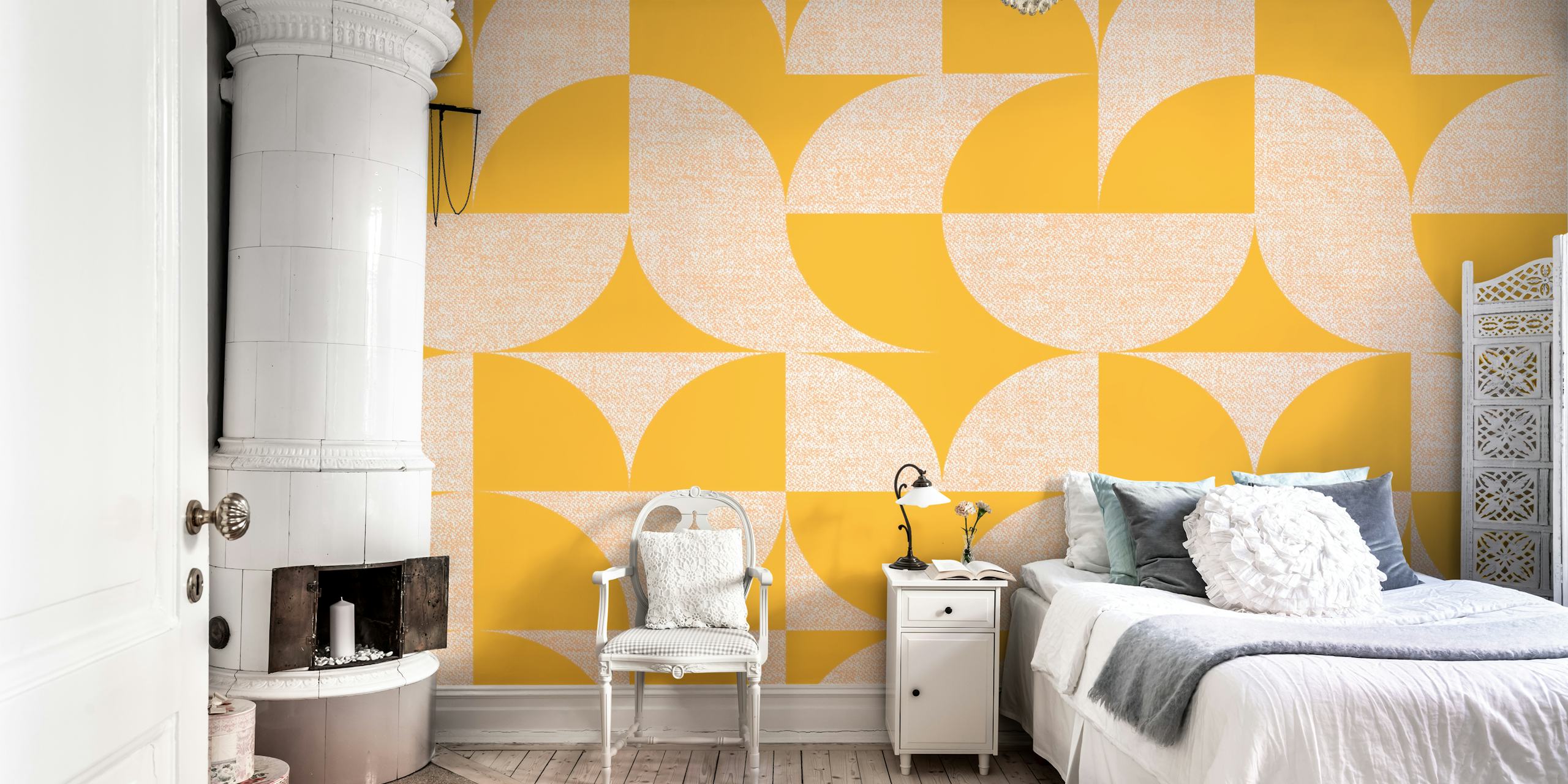 Mid-century geometric wallpaper in a room