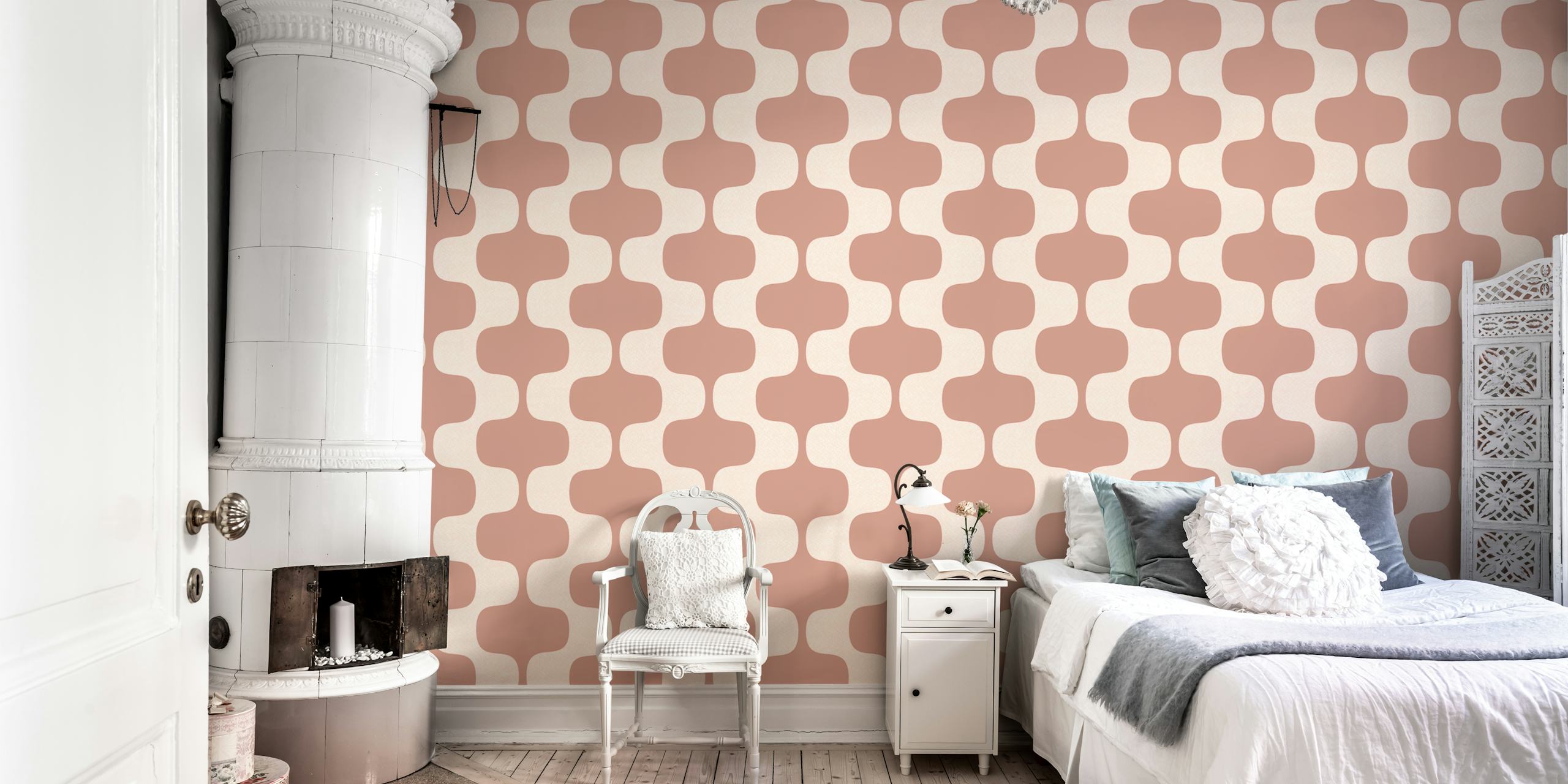 Bold Luxury Wave Stripes Tan Pink wallpaper in room