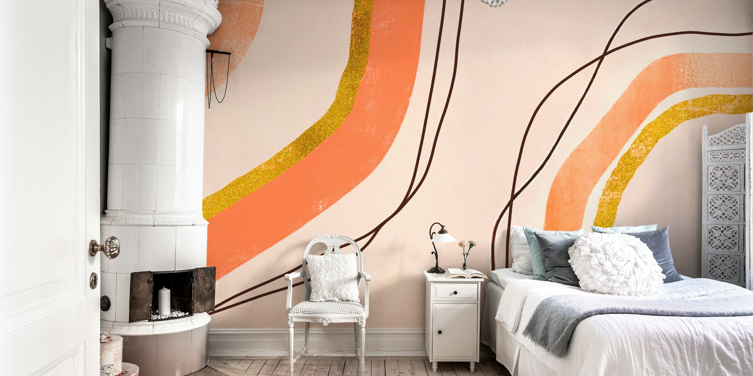 Abstract lines in orange and peach colors on light background wallpaper