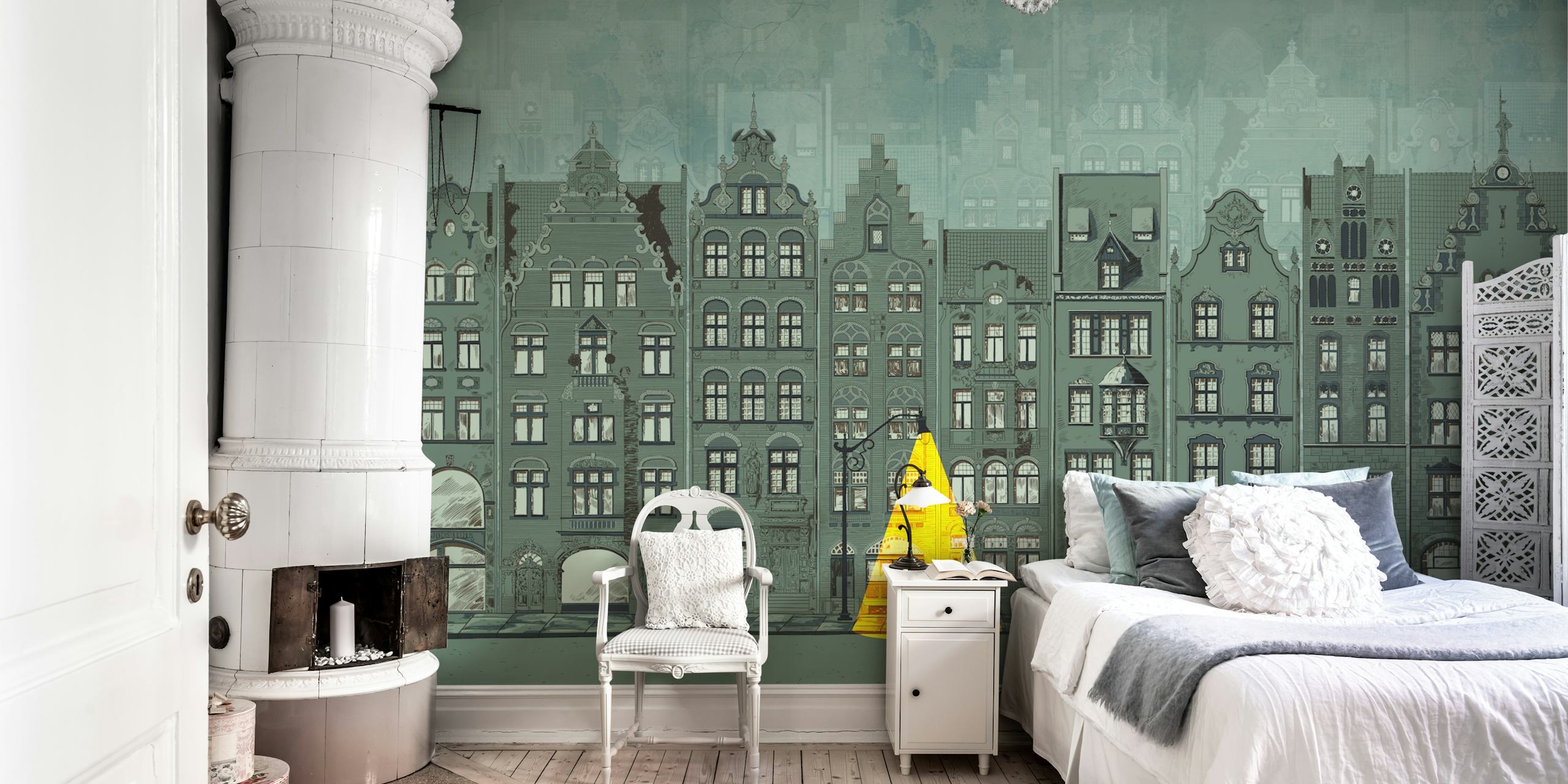 Graphic mural of Amsterdam houses on wall