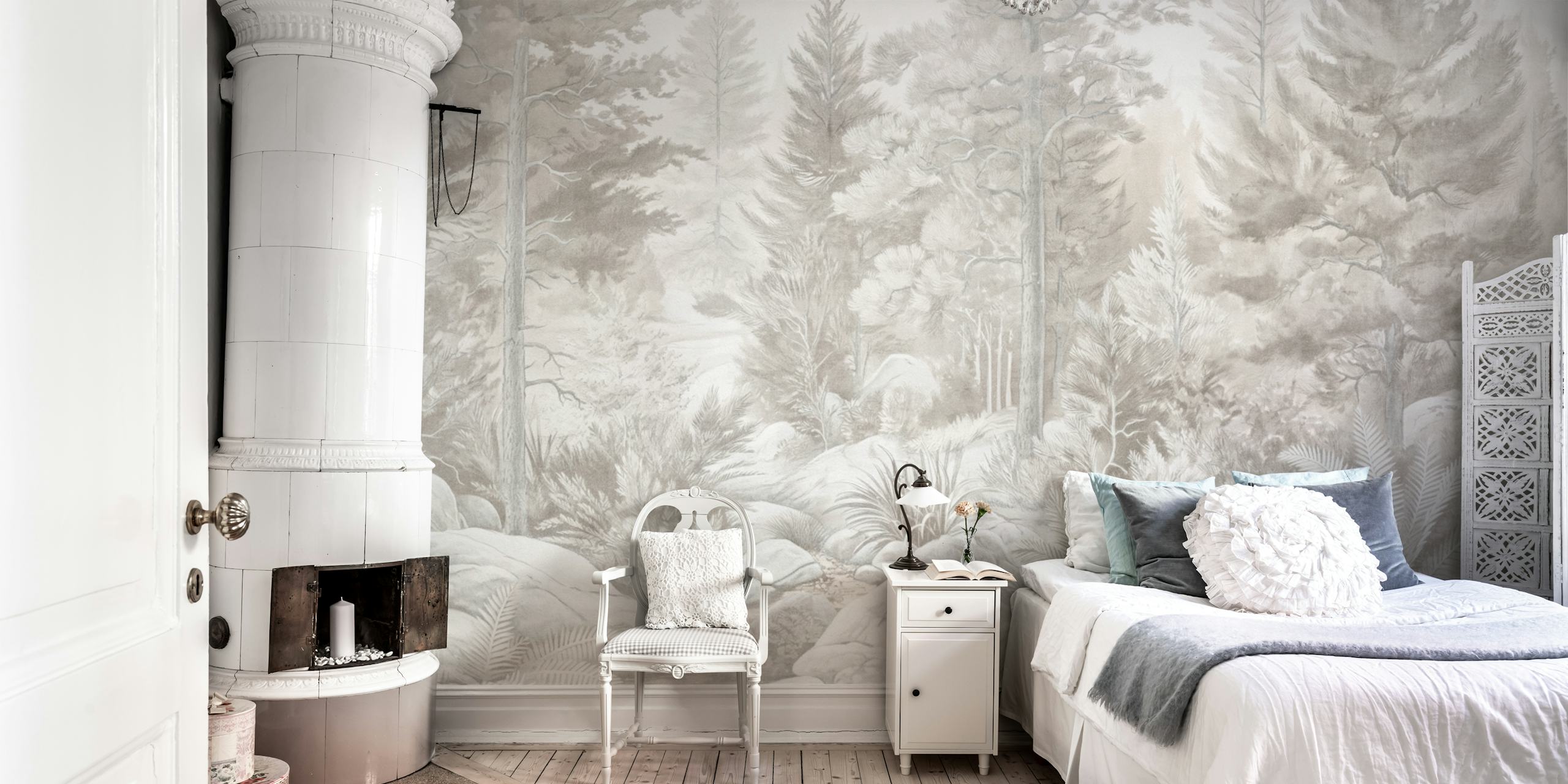 Pastel pine forest wallpaper in a room