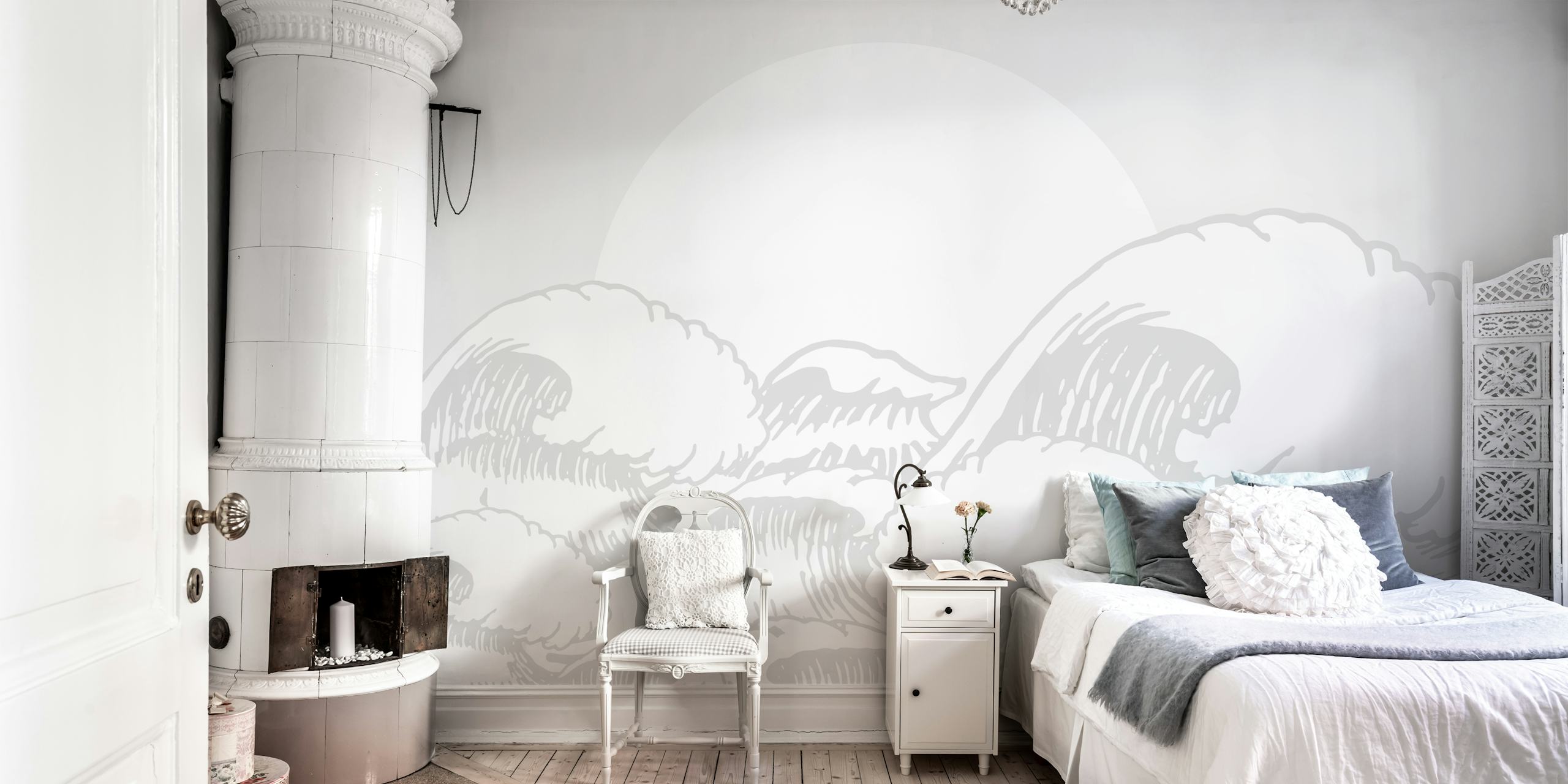 White ocean waves with a large sun background wallpaper