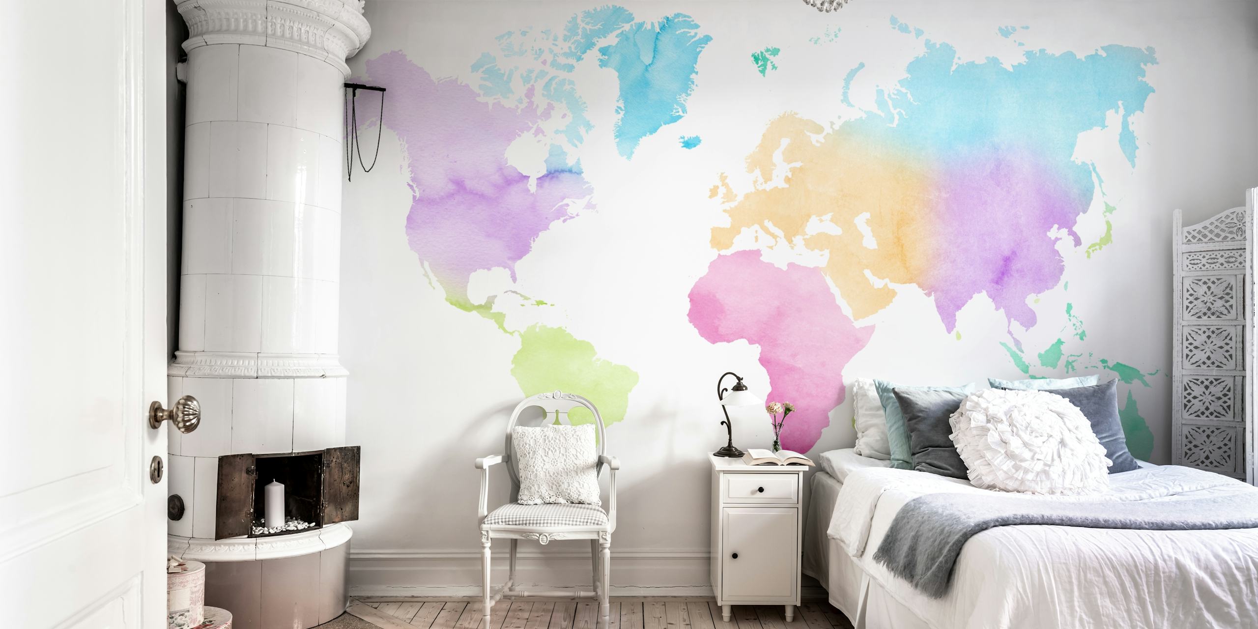 Representação colorida em aquarela de um mapa mundial para mural de parede