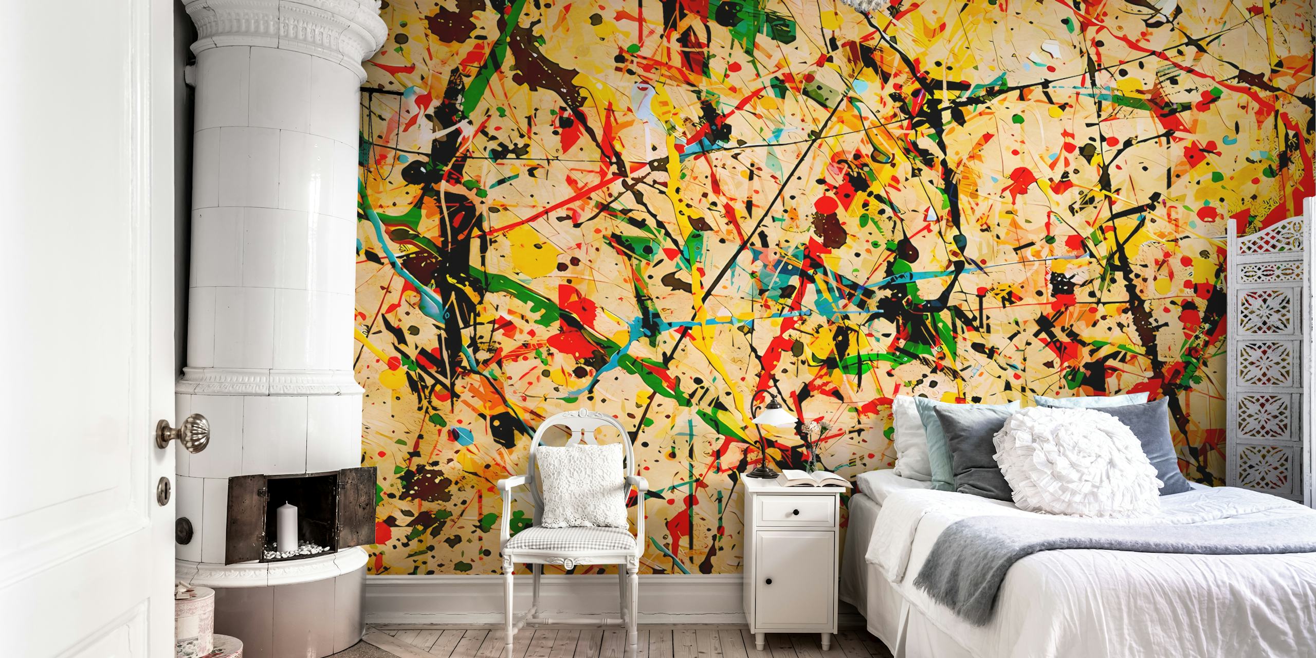 Pollock Wink 65 fargerik abstrakt tapet i et rom