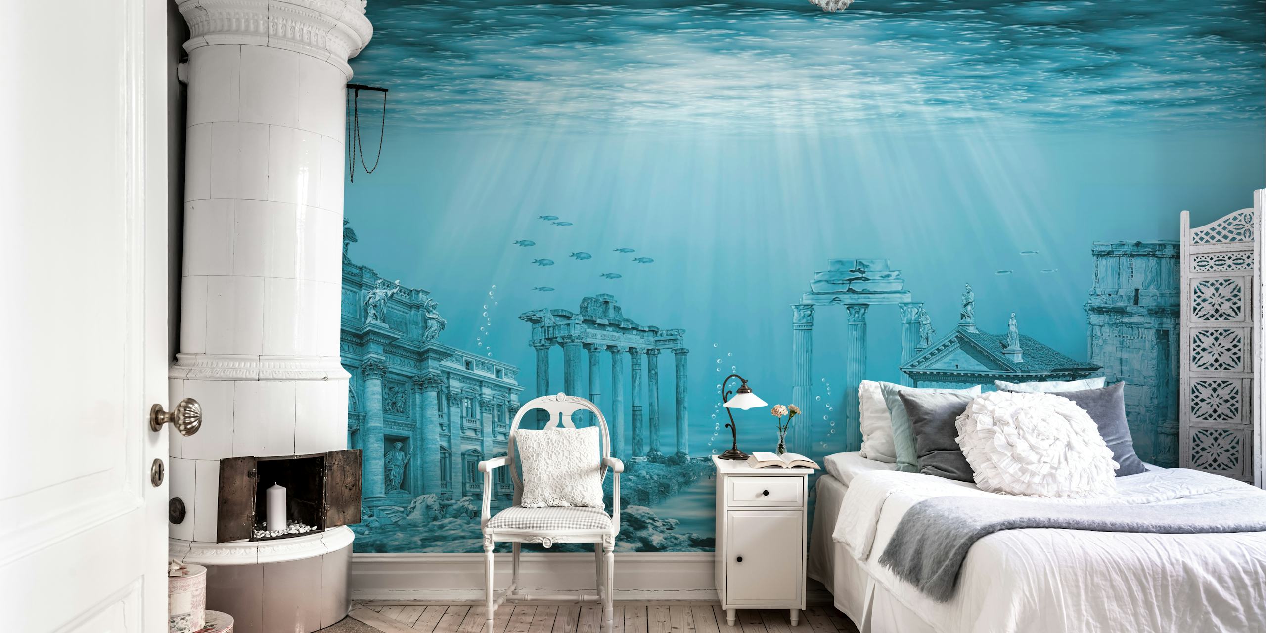 Underwater city with ruins and fish in blue tones wallpaper