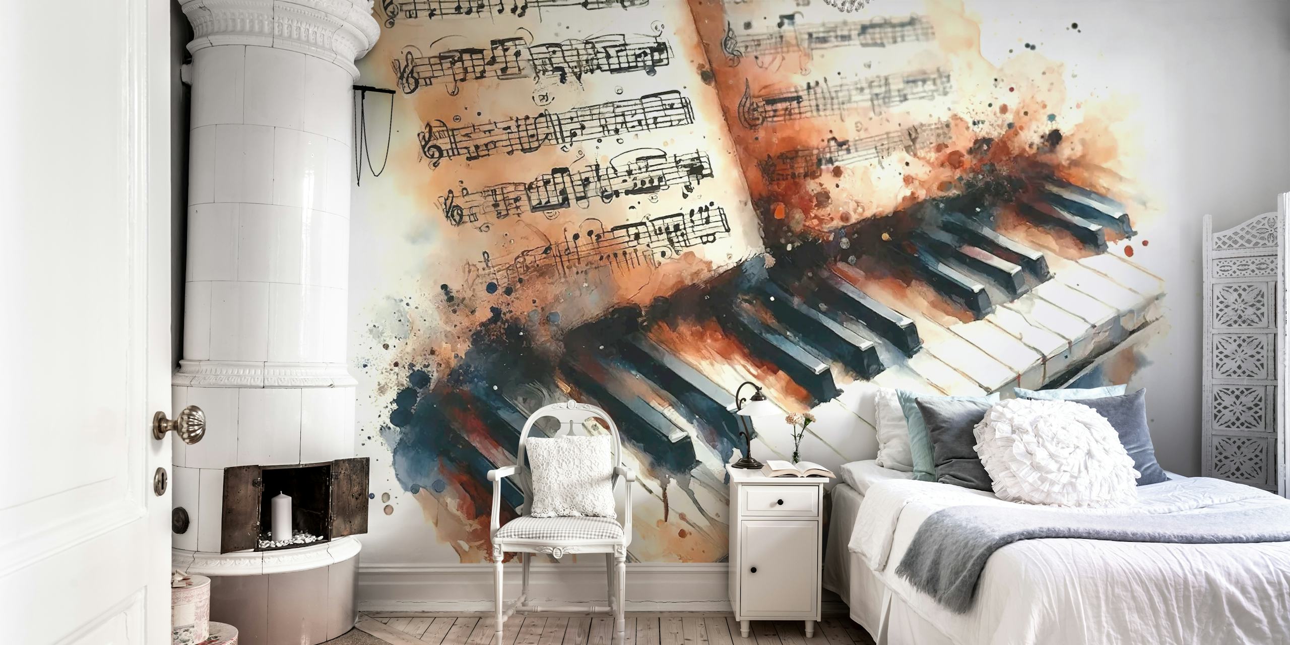 Melodic Harmony Captured in Artistic Strokes exhibido en una habitación