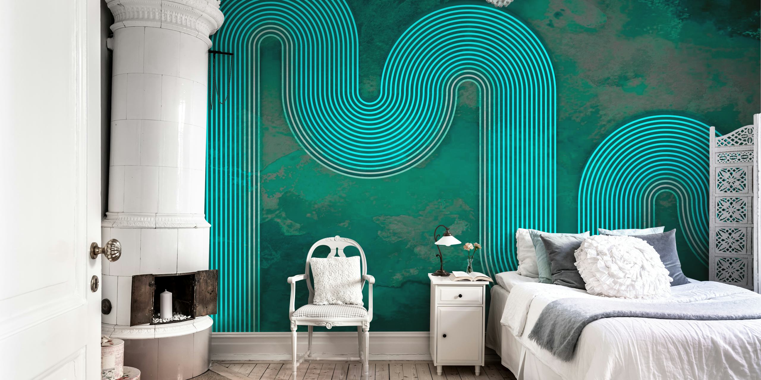 Flowing line art pattern in teal and aqua tones wallpaper