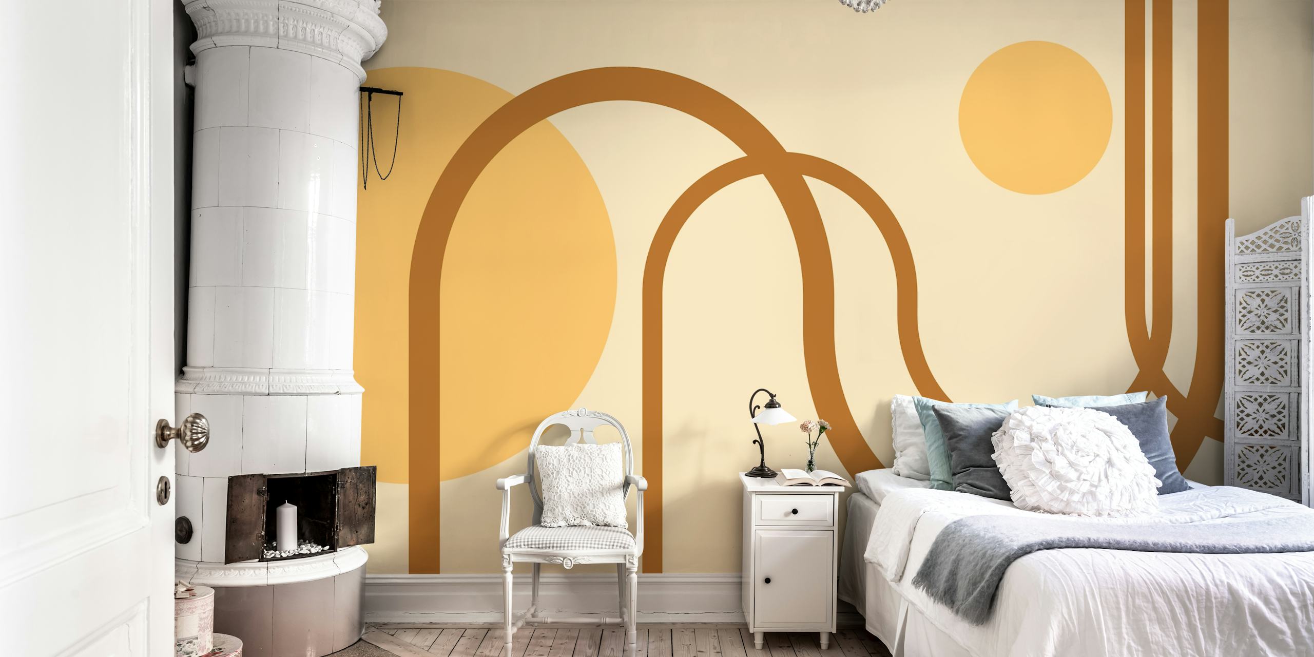 Geometric line patterns and circles in warm beige tones wallpaper