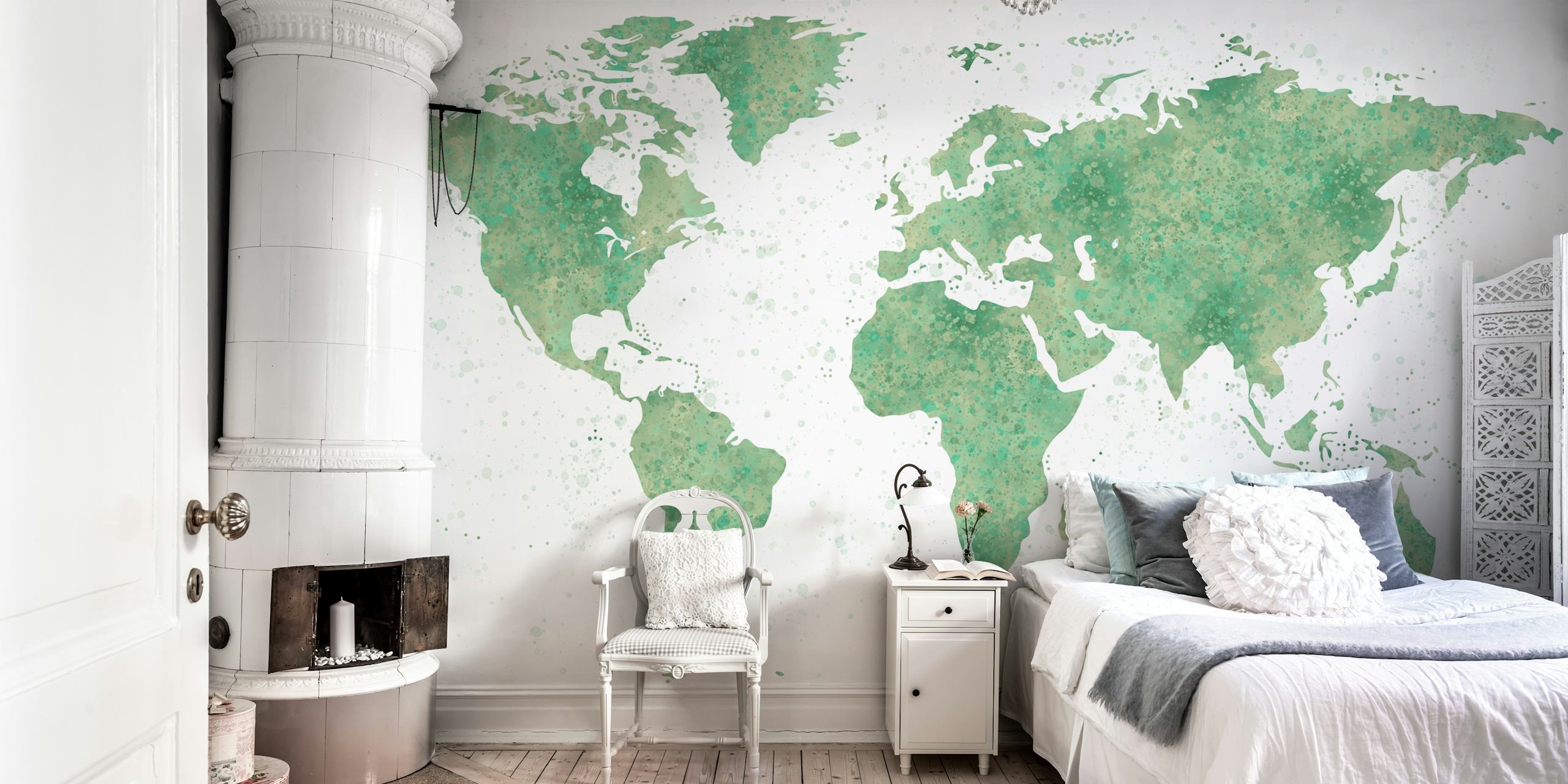 Sage green World Map Mural en una habitación