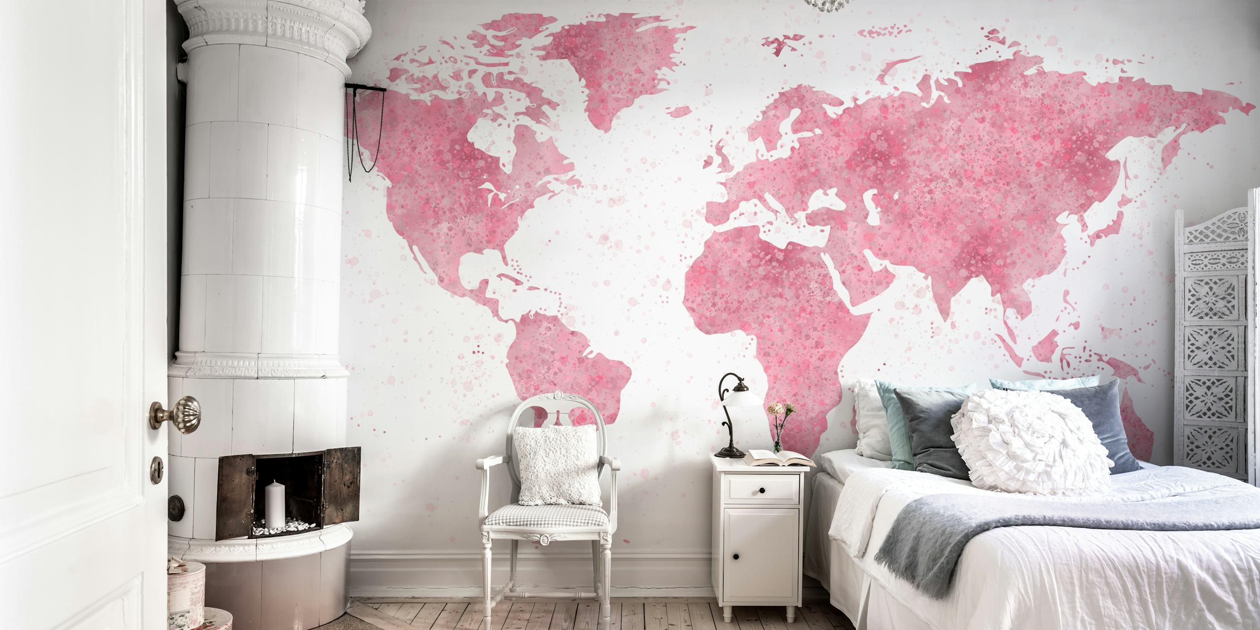 World Map Mural Pink wallpaper in a room