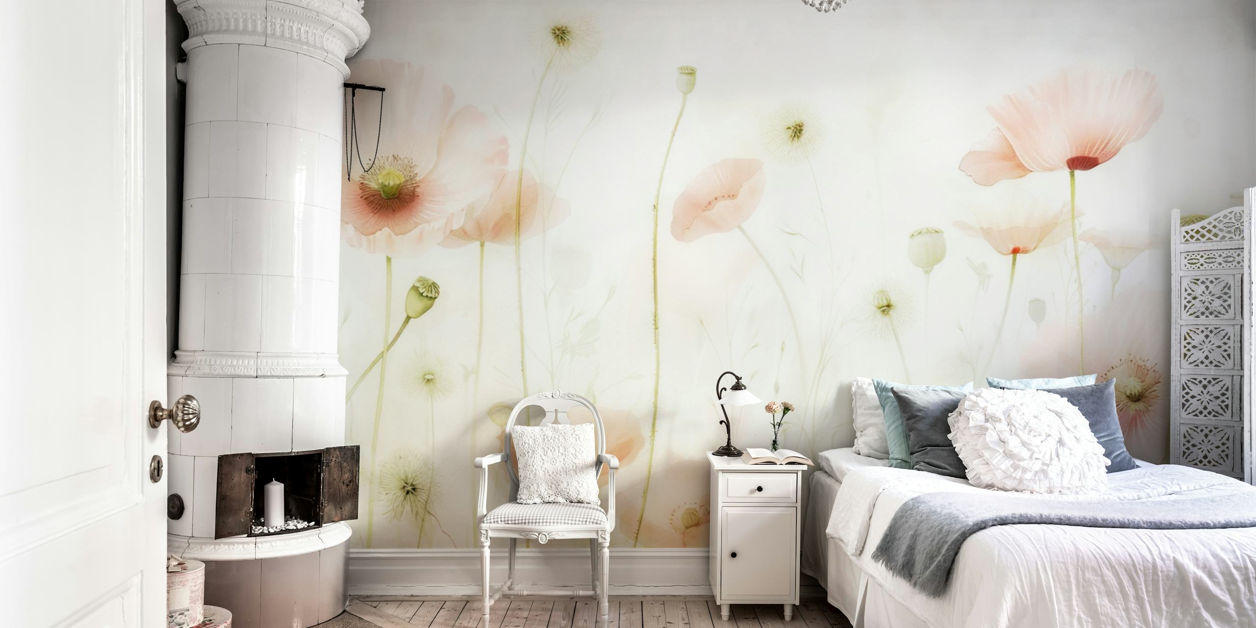 Pastel poppy fields wallpaper in a room