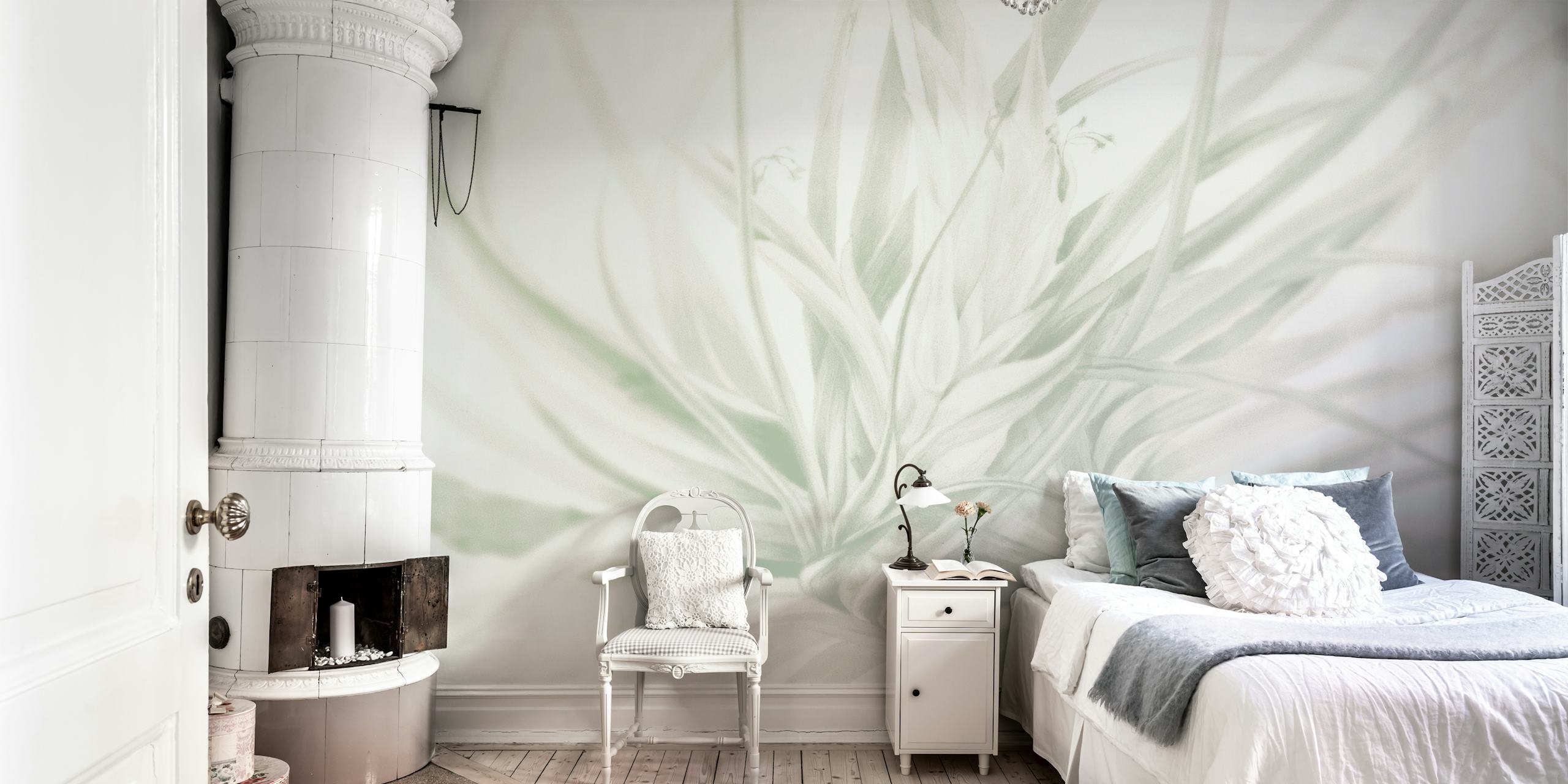 Design de papel de parede Ethereal Flora Essence em um quarto