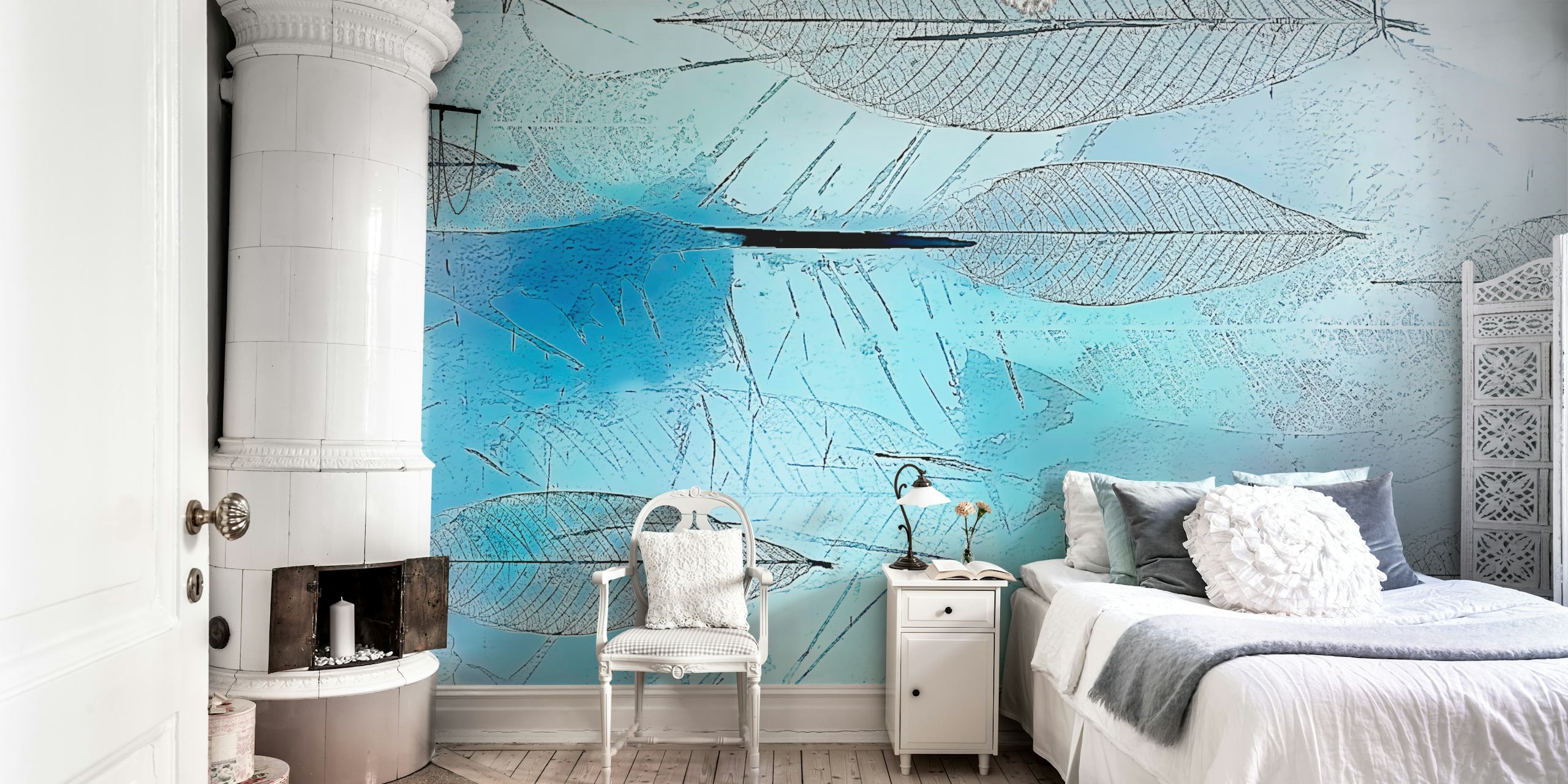 Stylized blue leaves on a soft gradient background wallpaper