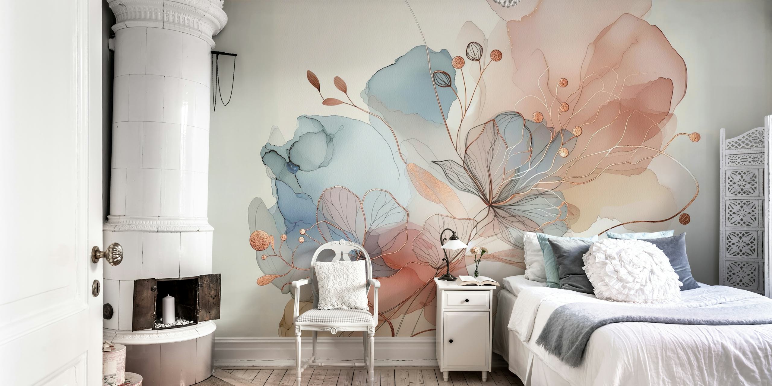 Blush Botanical Dream tapet uppställd i ett rum