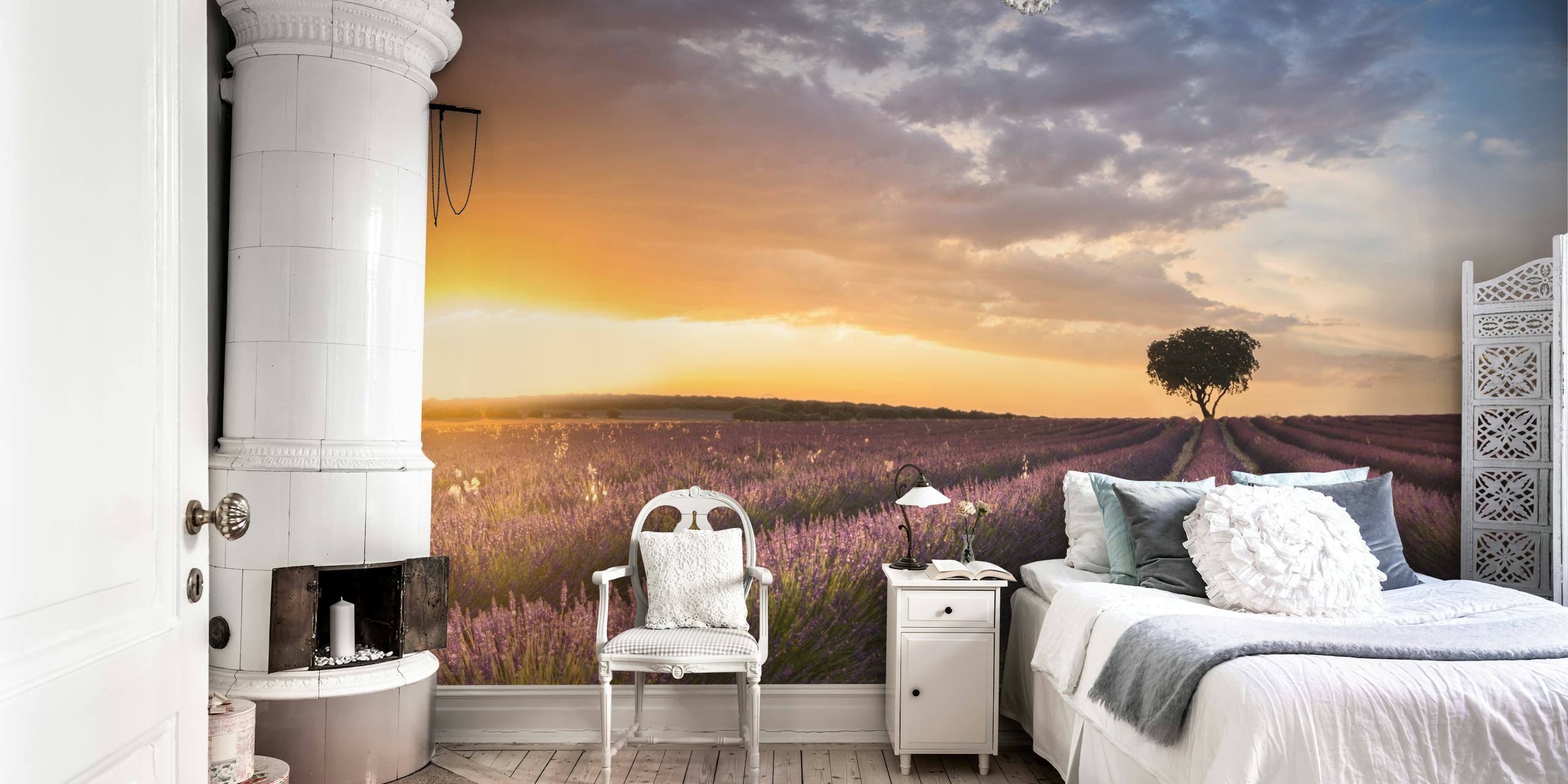 Lavender fields with sunset and a single tree wallpaper