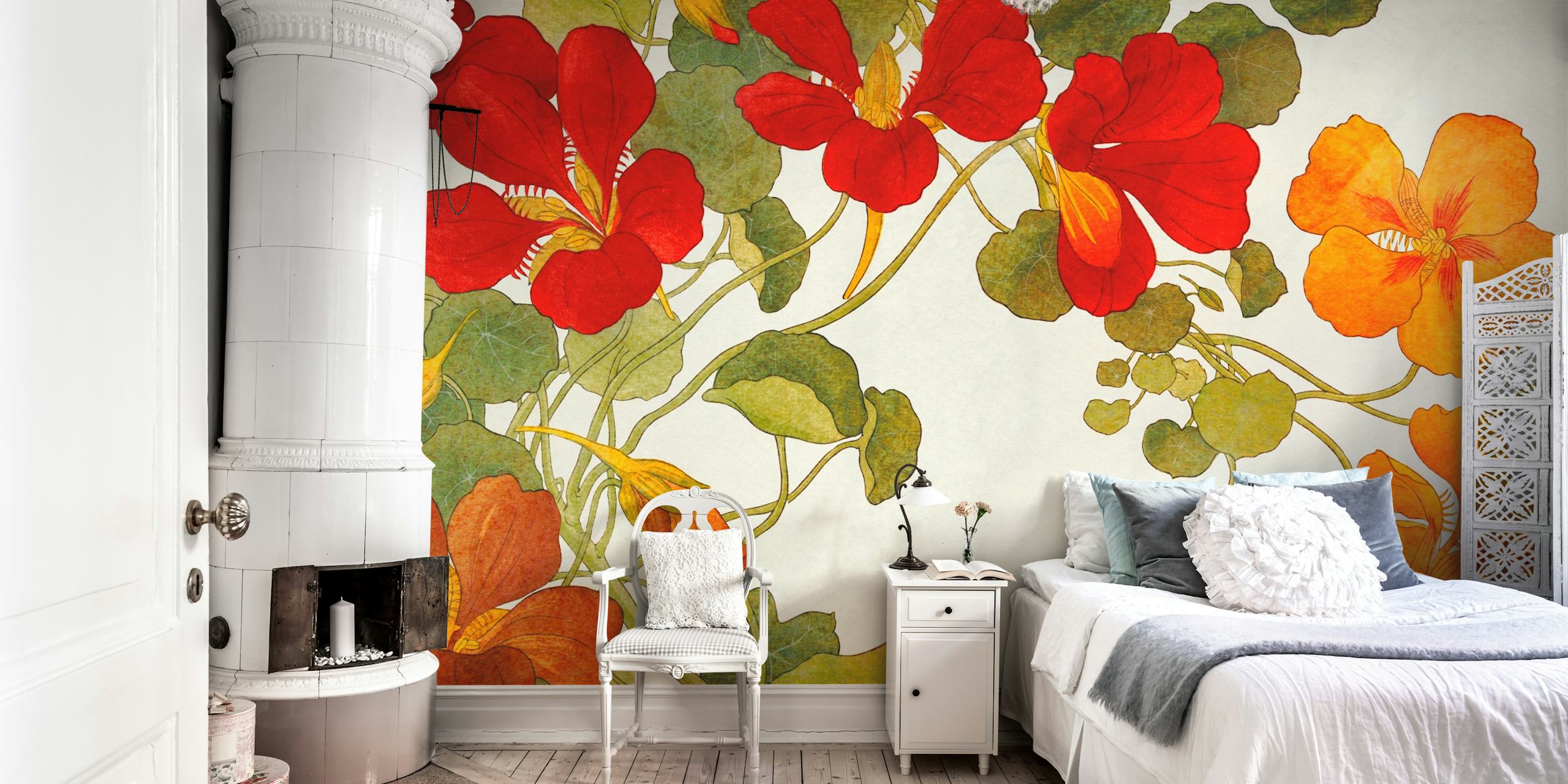 Red and orange floral pattern on cream background wallpaper