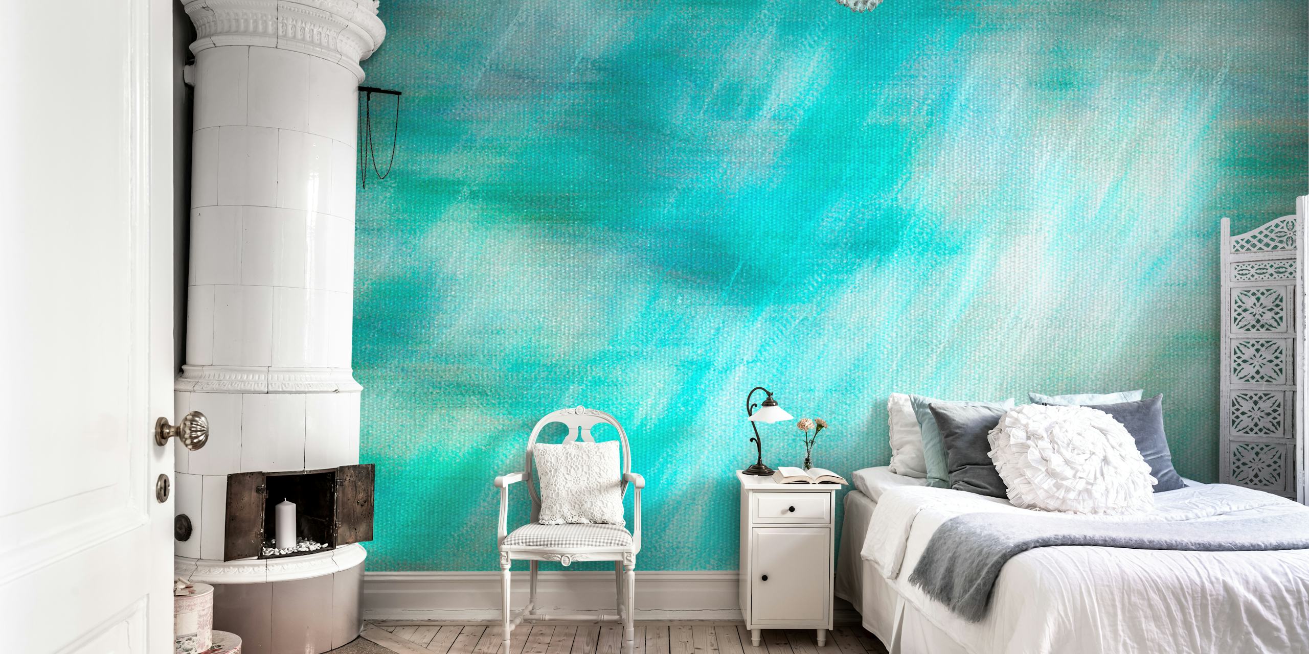 Aqua Brush Strokes wallpaper in a room