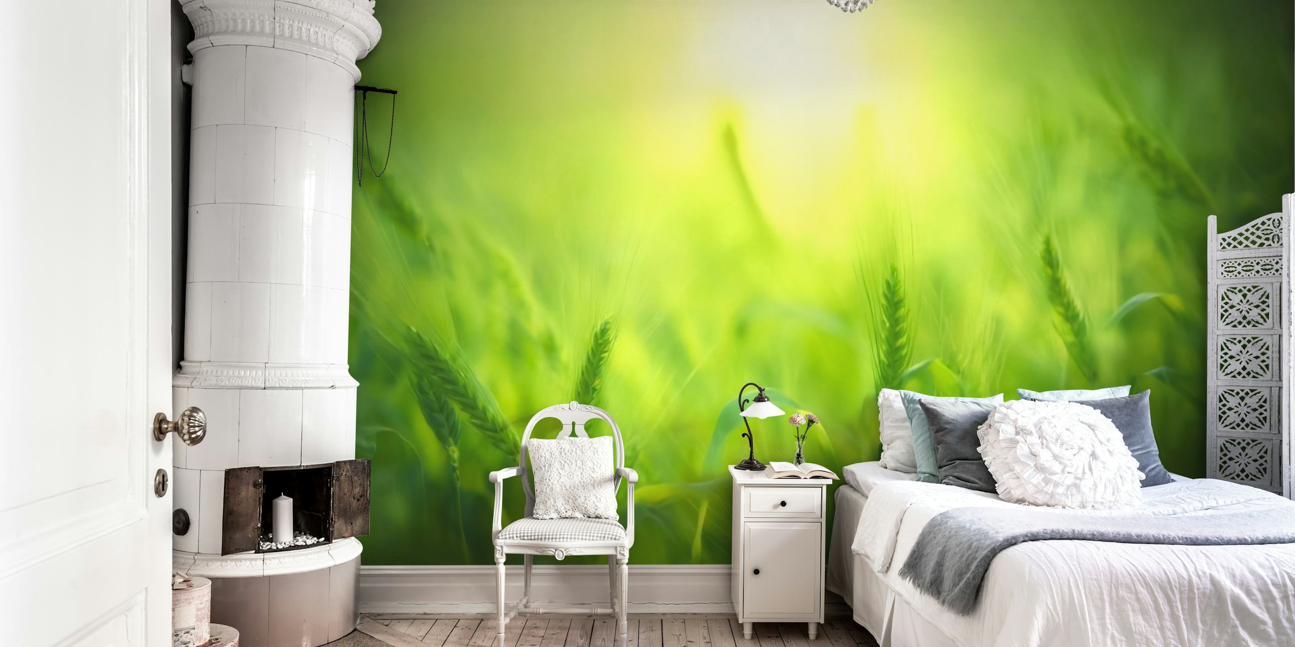 Vibrant green meadow wallpaper with tall grass and light tones