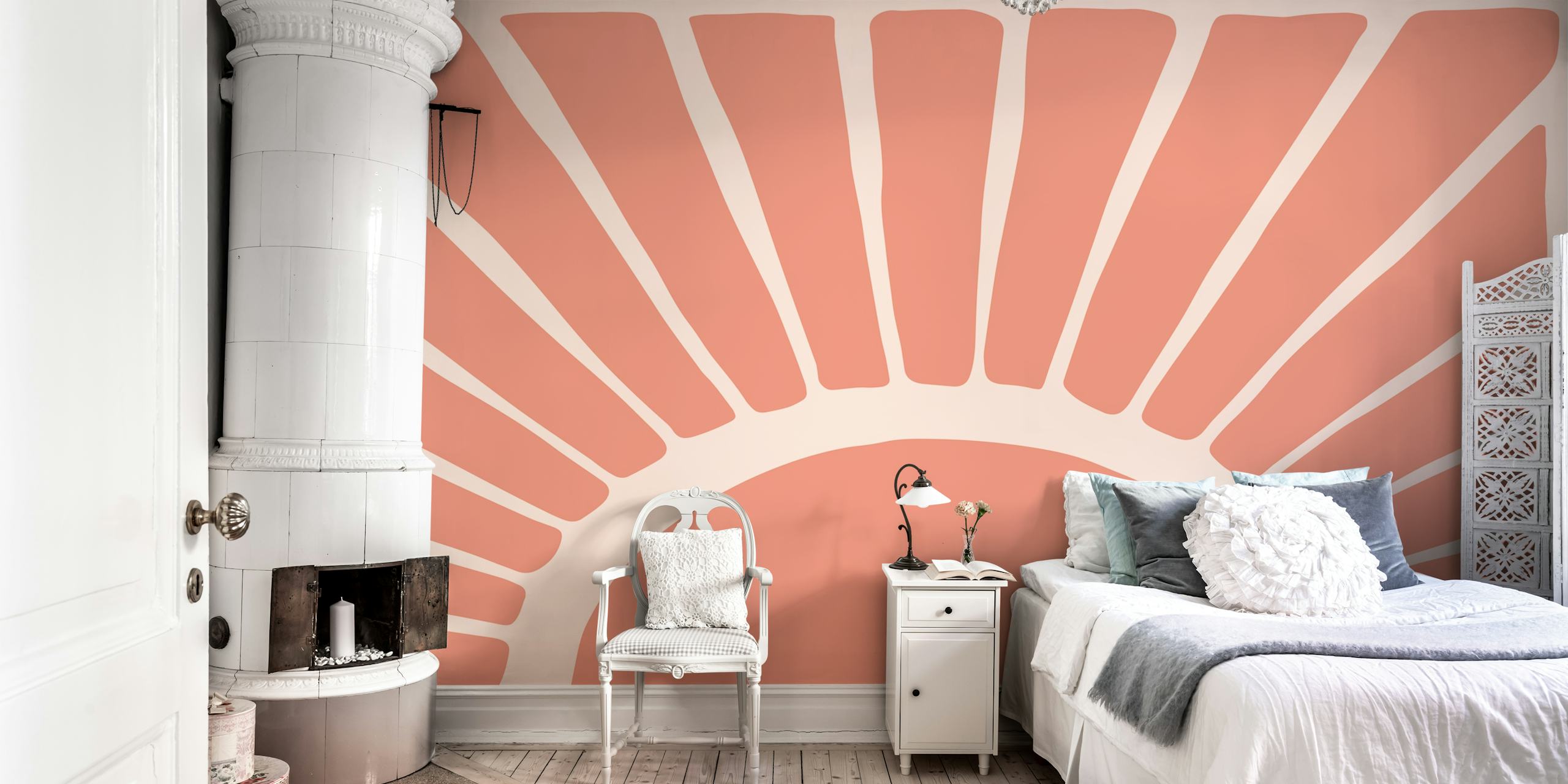 Art Deco wallpaper with a sunrise design in terracotta and soft peach shades, abstract style wallpaper
