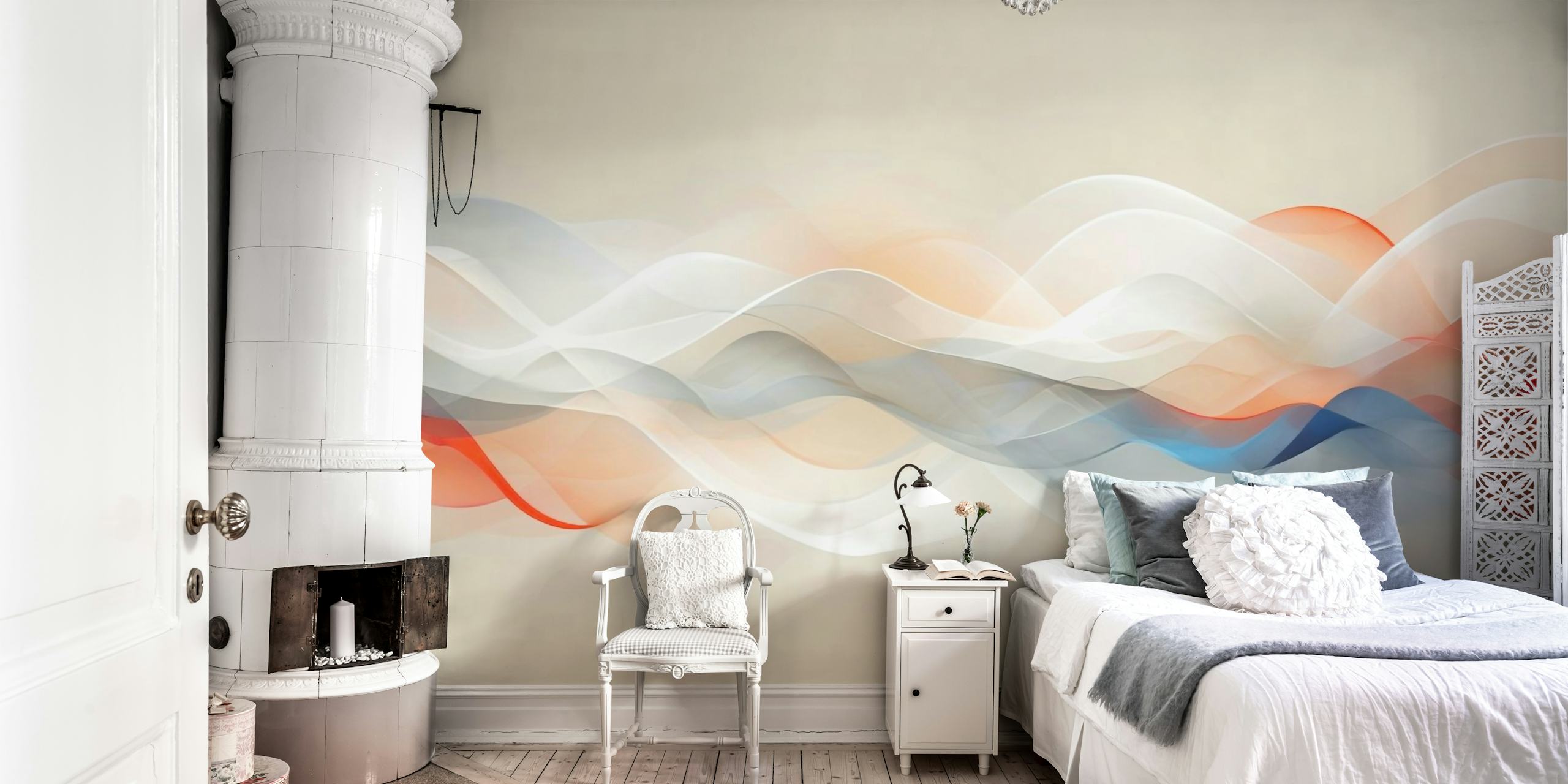 Abstract flowing waves in red, blue, and white wallpaper