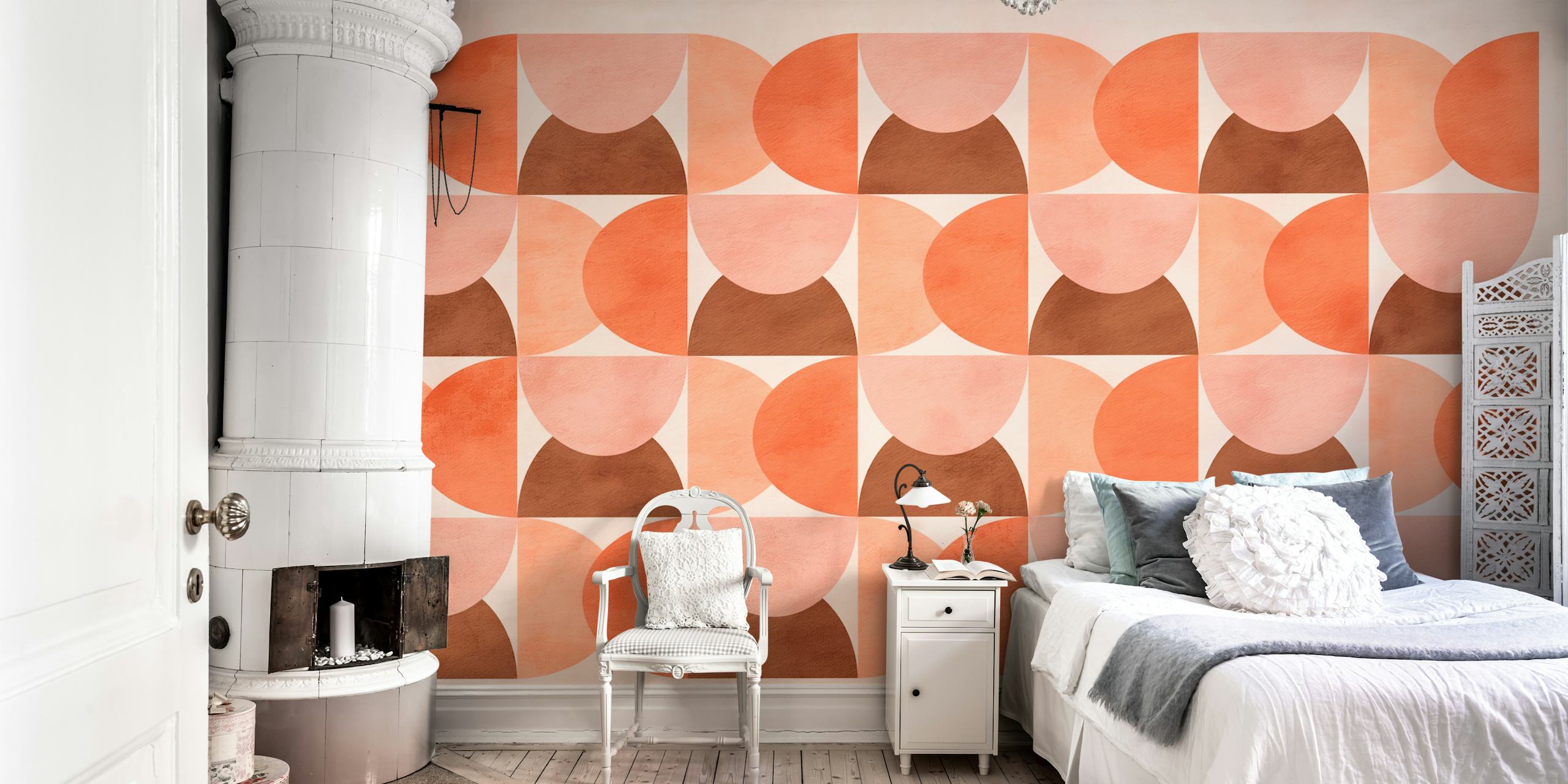 Geometric terracotta and brown shapes wallpaper in mid-century style