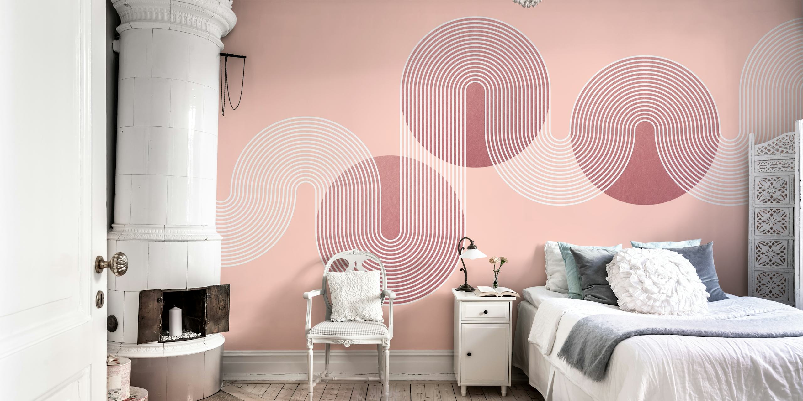 Pink wavy line patterned wallpaper with curved white lines