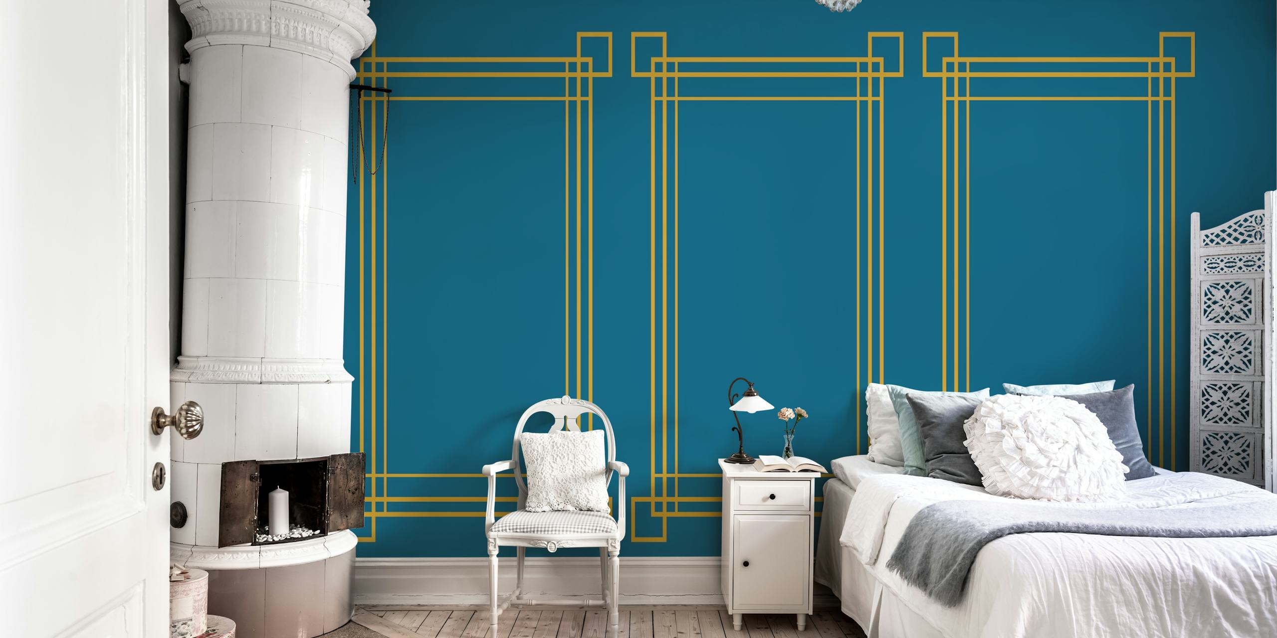 Golden Deco Lines behang in een kamer