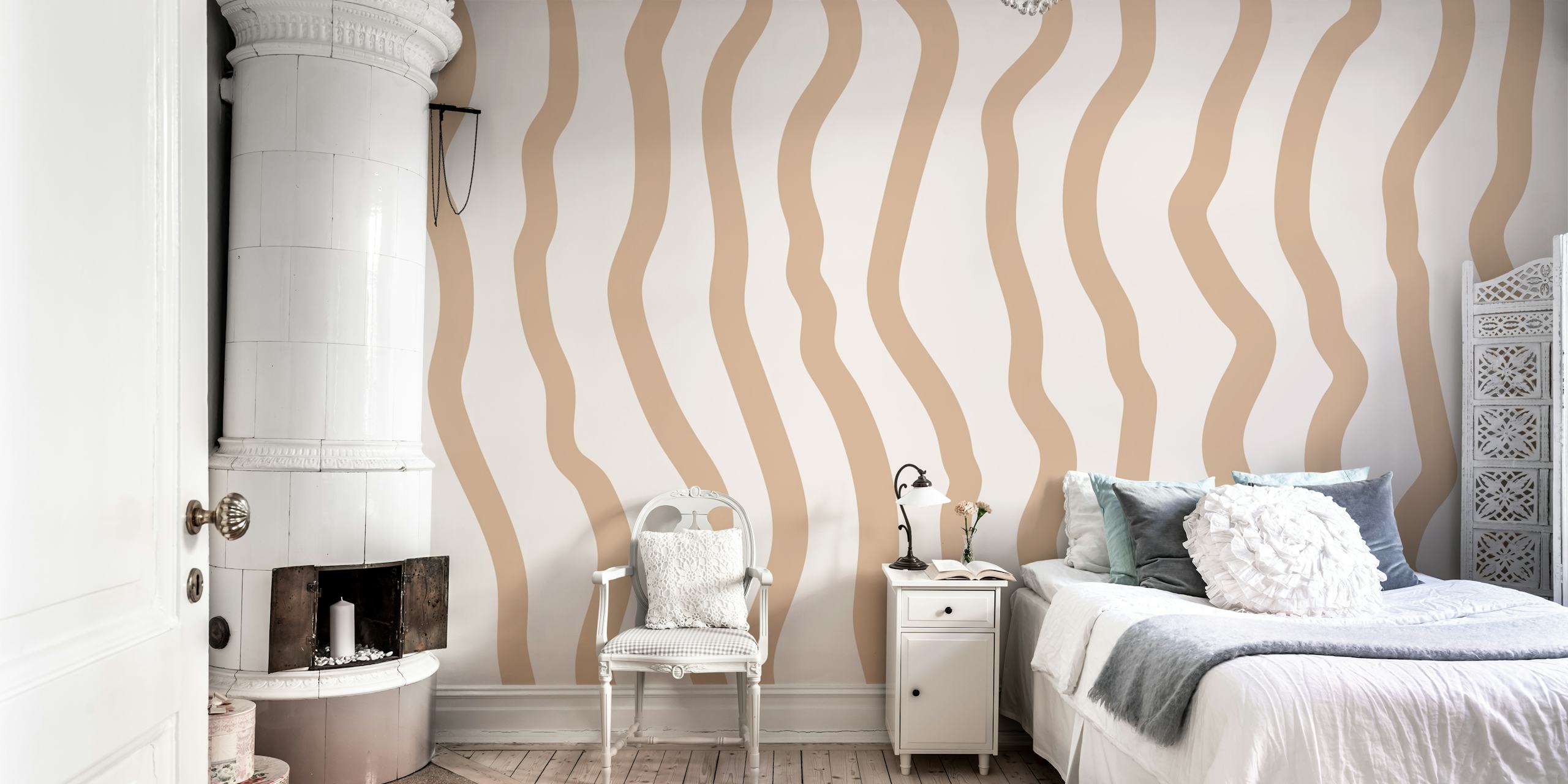 Cream and beige wavy stripes wallpaper design