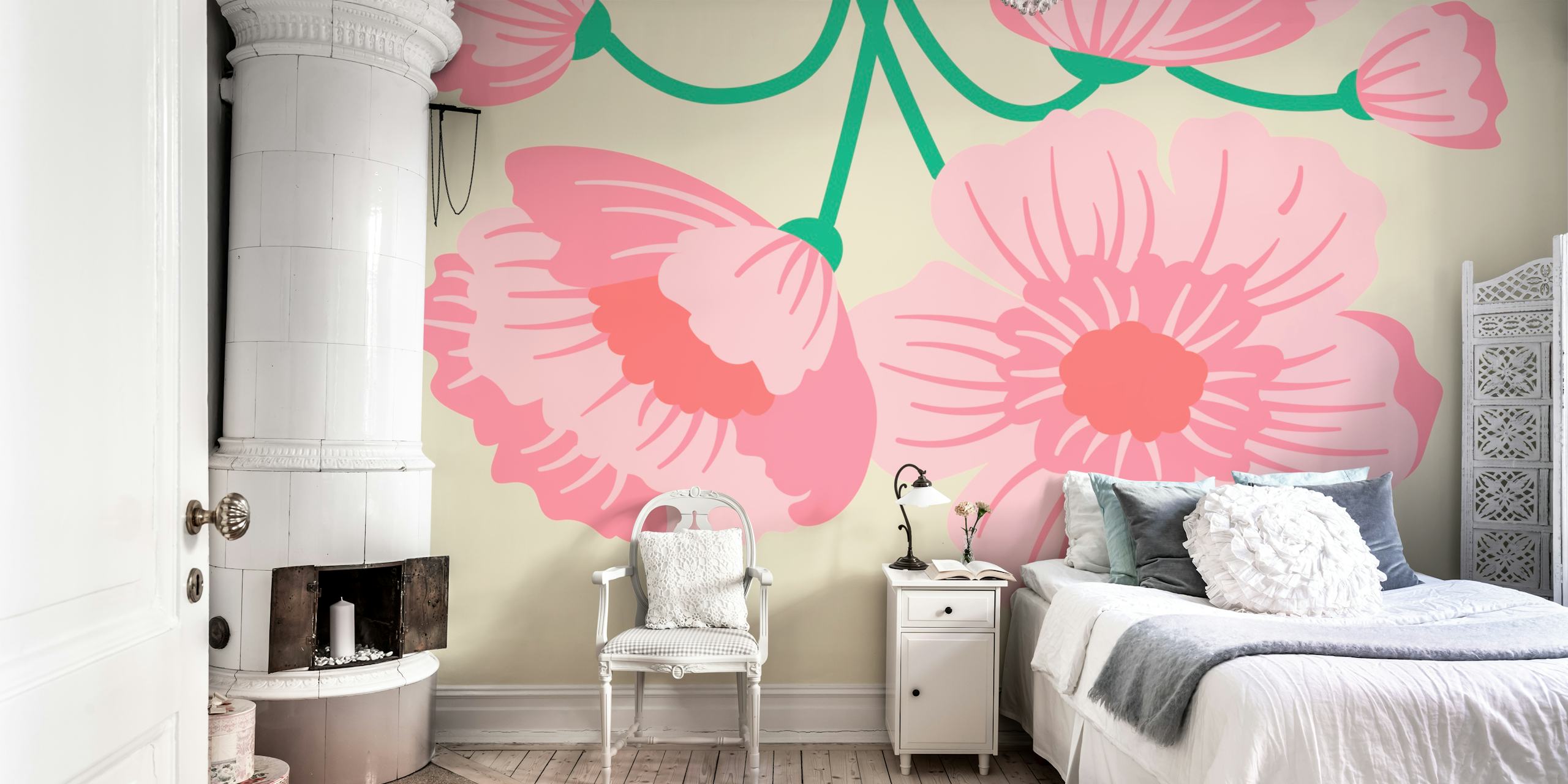 Pink floral design with blossoms and green leaves wallpaper