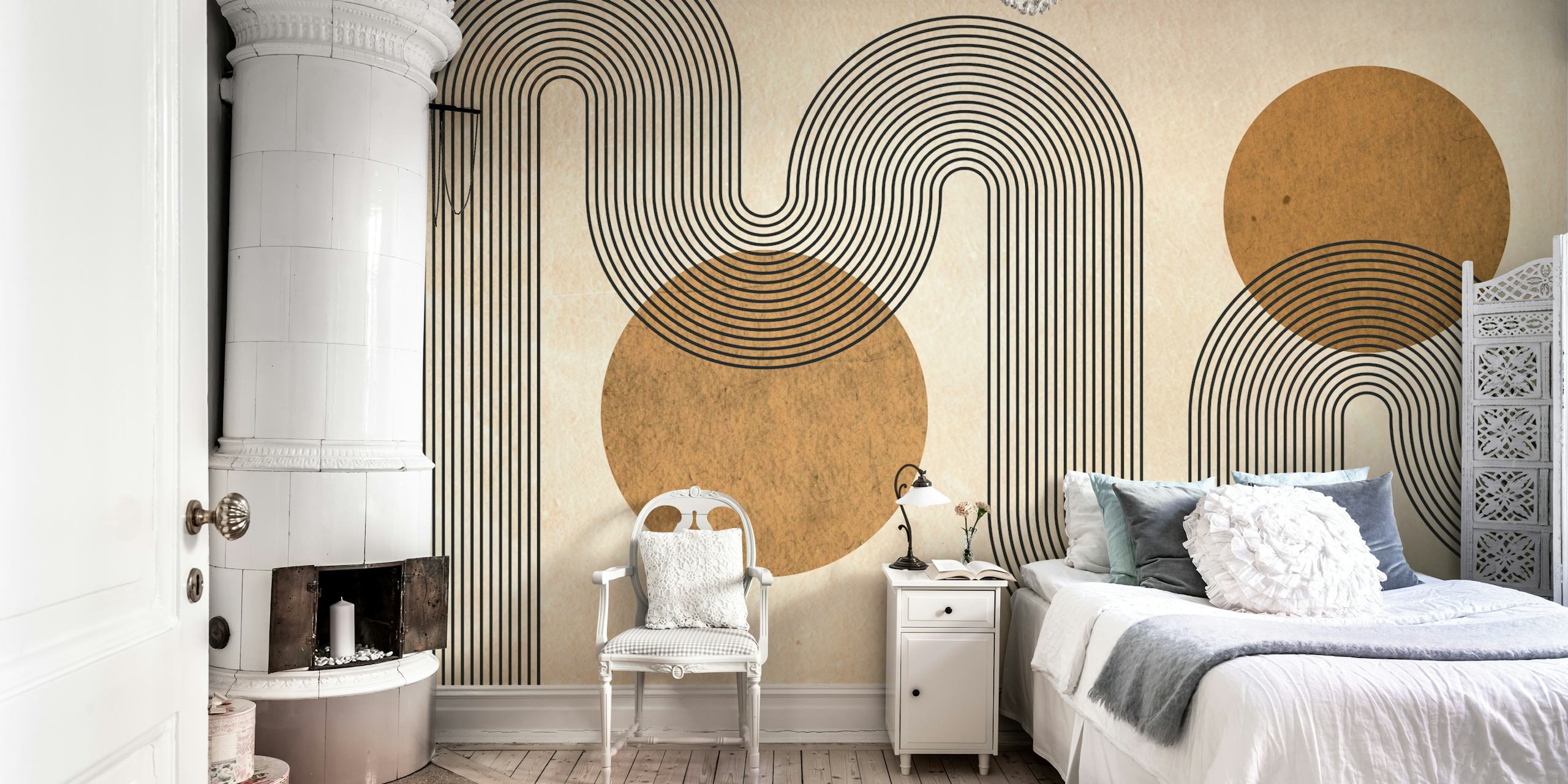 Abstract circular pattern in brown and black on beige wallpaper