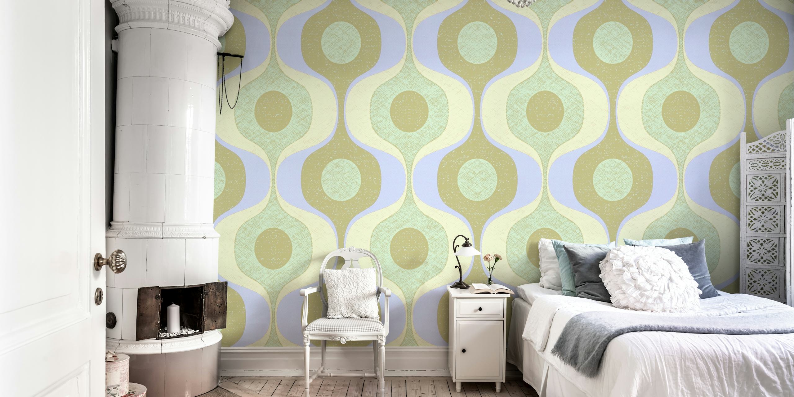 Pastel 70s funky geometry wallpaper in a room