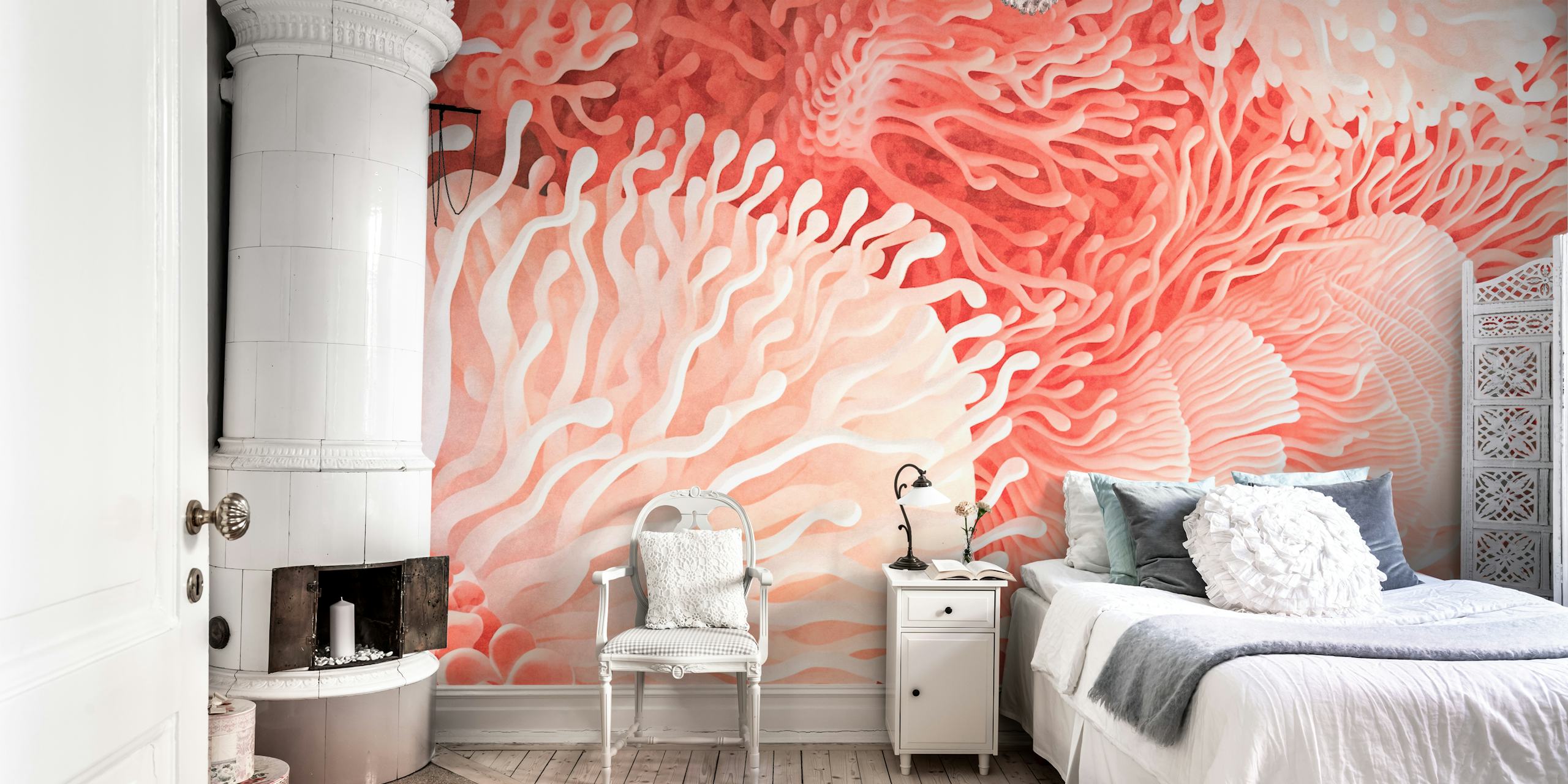 Coral Reef Pastel Peach Backdrop papel de parede em um quarto