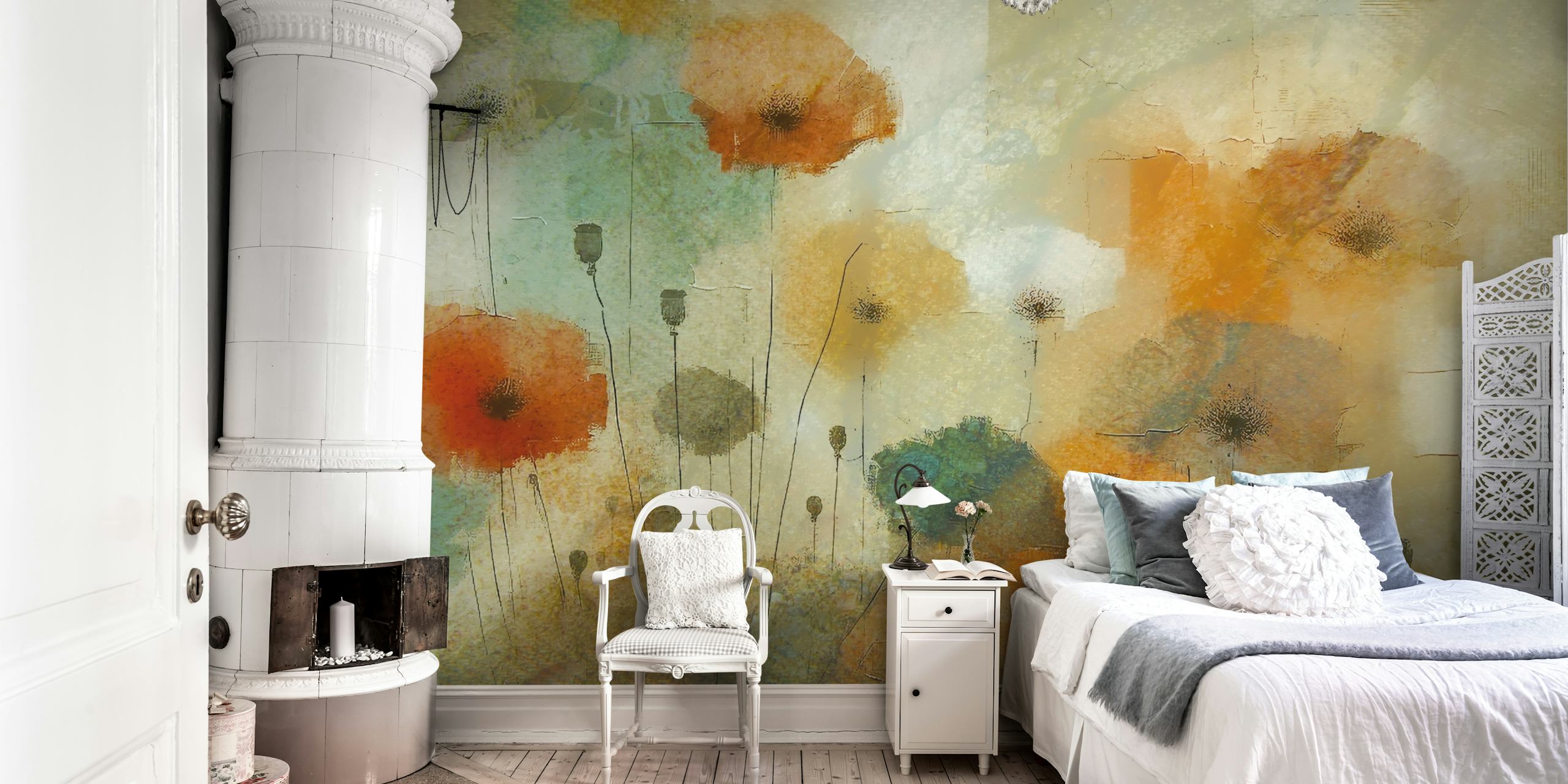 Rustic floral wallpaper with poppies in orange, yellow, and teal shades
