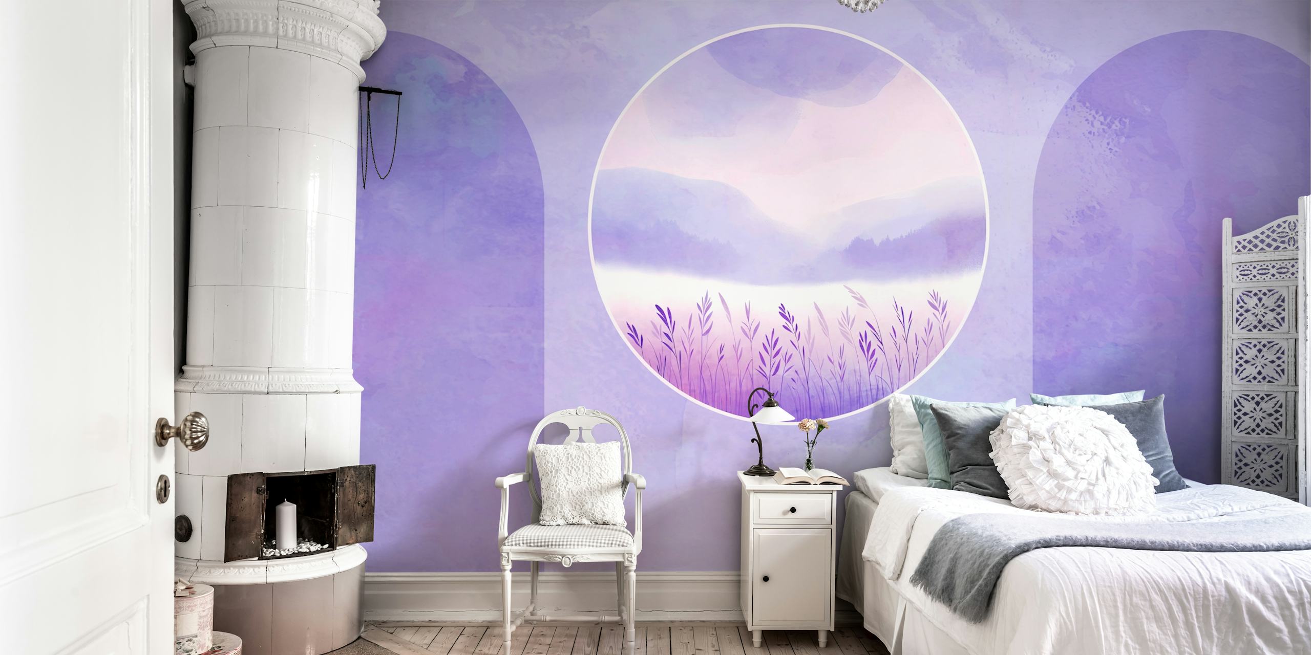 Lavender field landscape in soft purple tones wallpaper